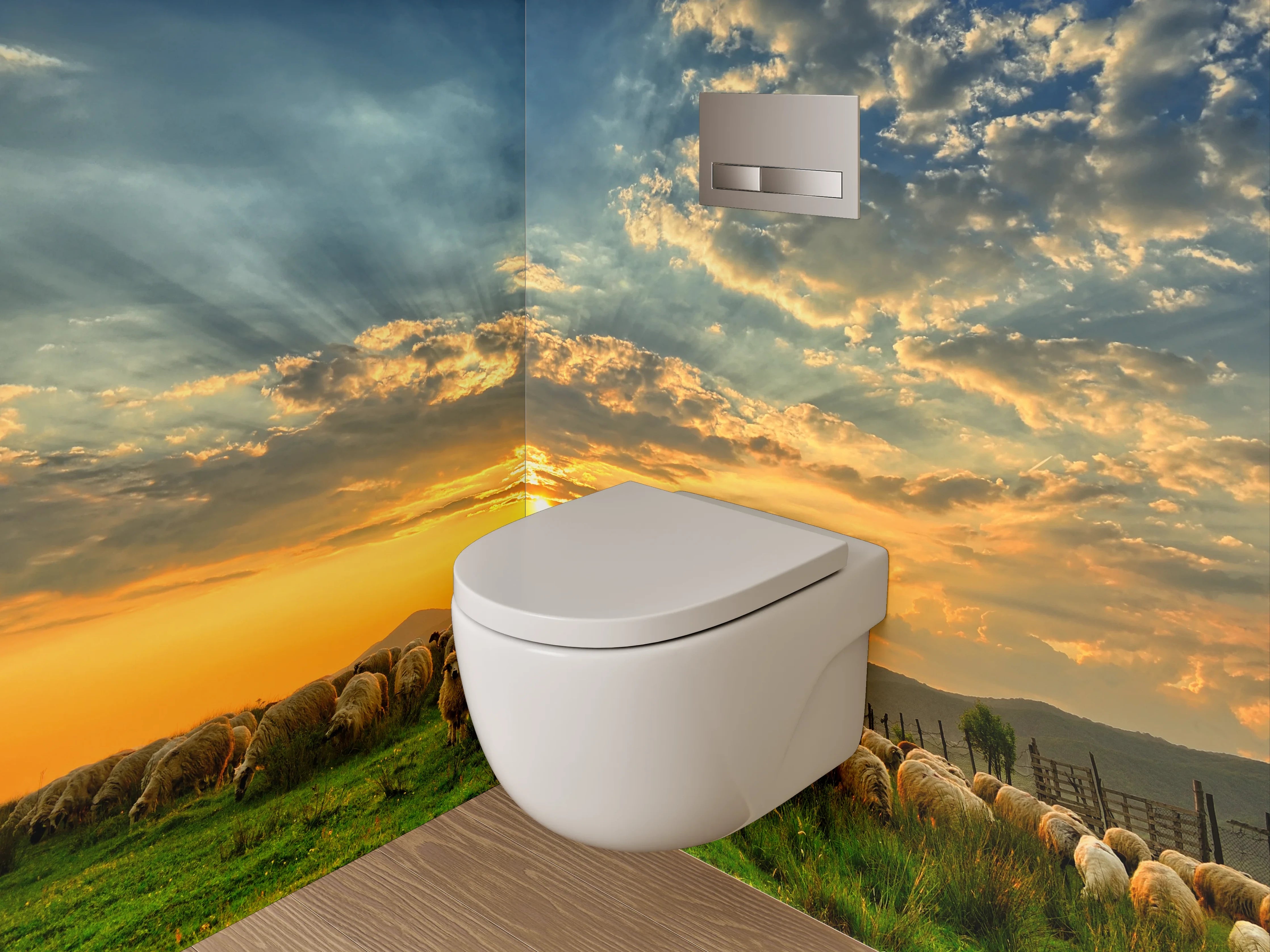 WC-Rückwand - Schafe auf der Weide bei Sonnenuntergang