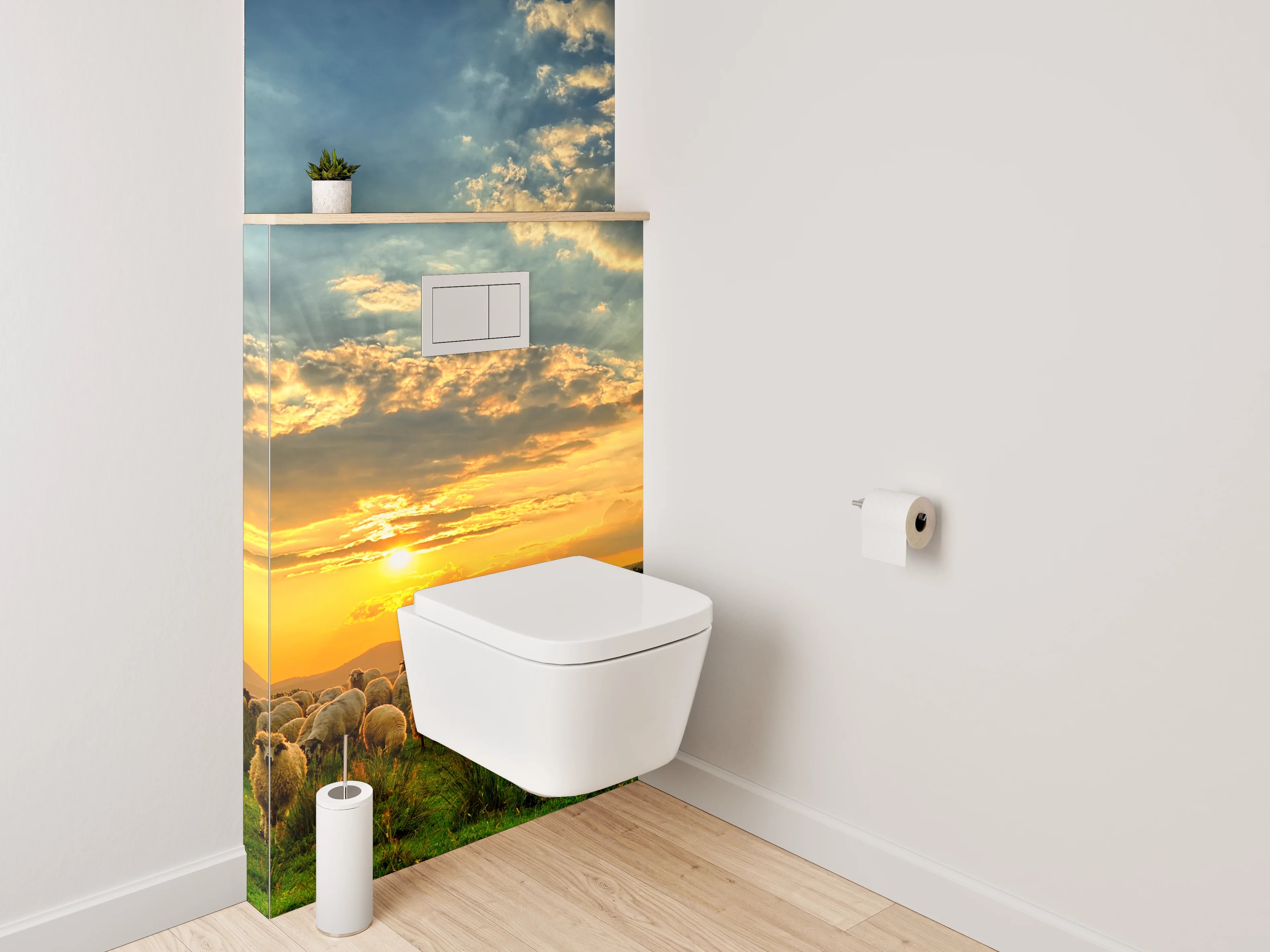 WC-Rückwand - Schafe auf der Weide bei Sonnenuntergang