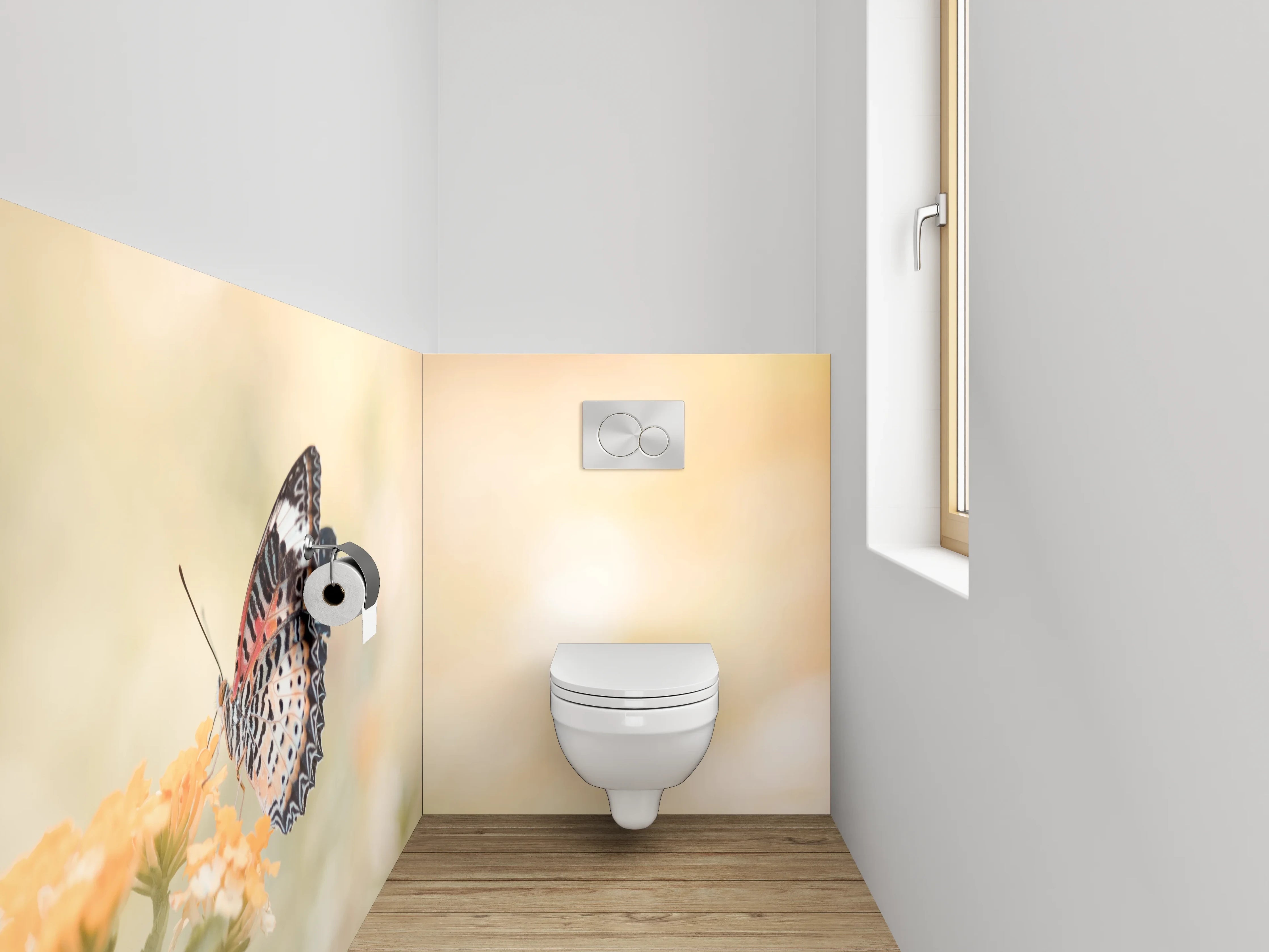 WC-Rückwand - Schmetterling auf Blüte im Sonnenlicht