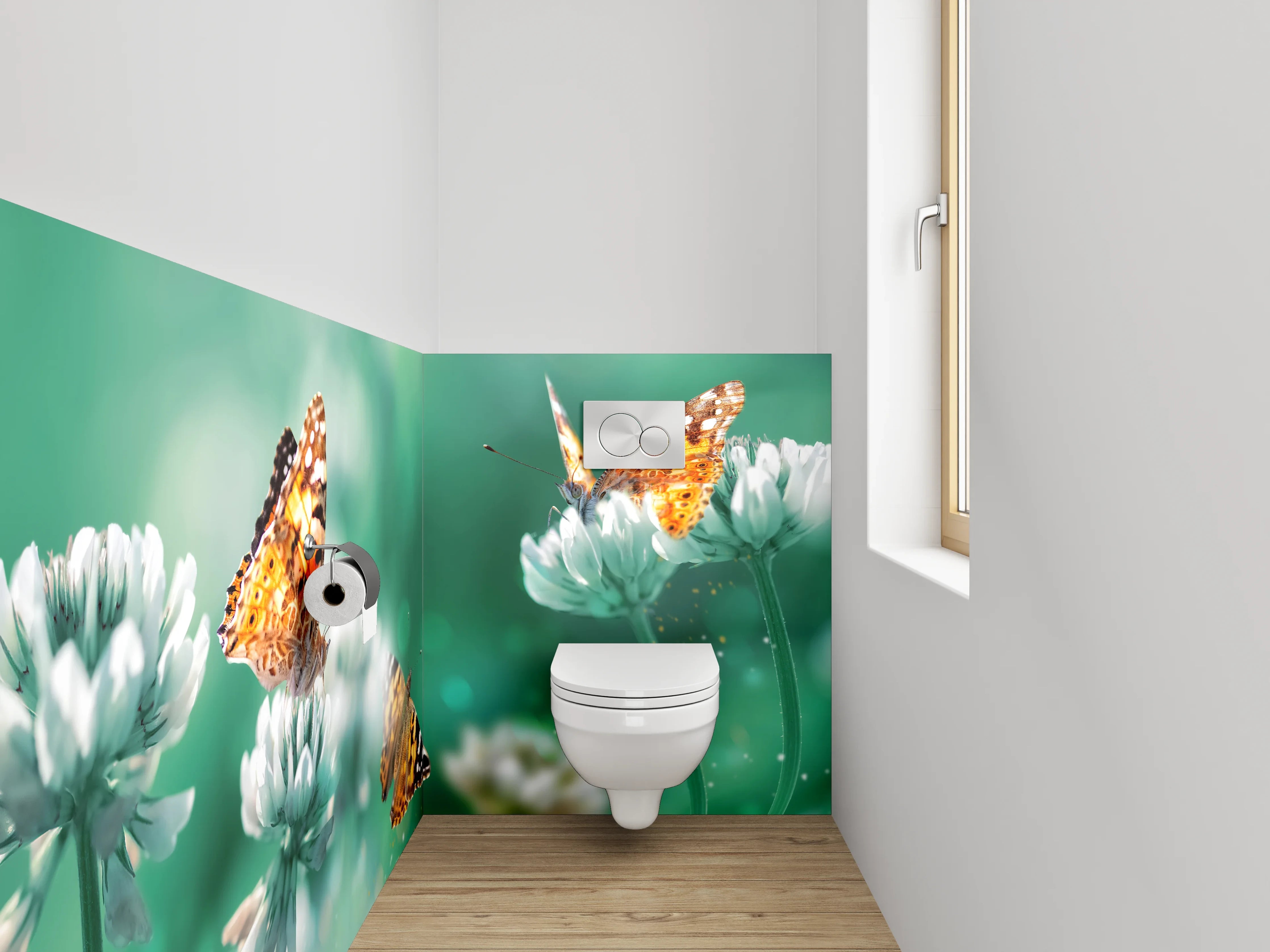 WC-Rückwand - Schmetterlinge auf Klee in grünem Feld
