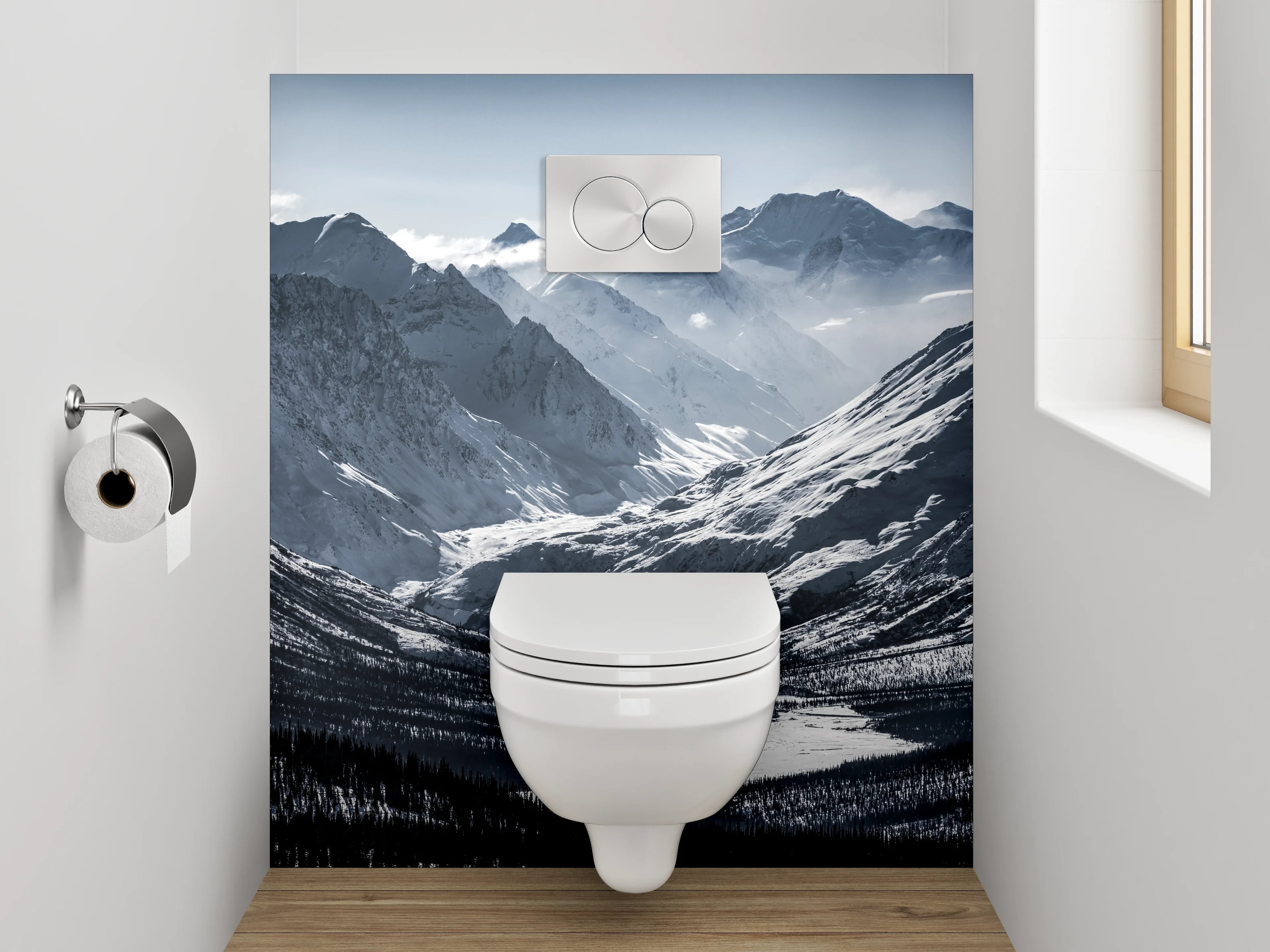 WC-Rückwand - Schneebedeckte Berge Panorama Schwarz-Weiß