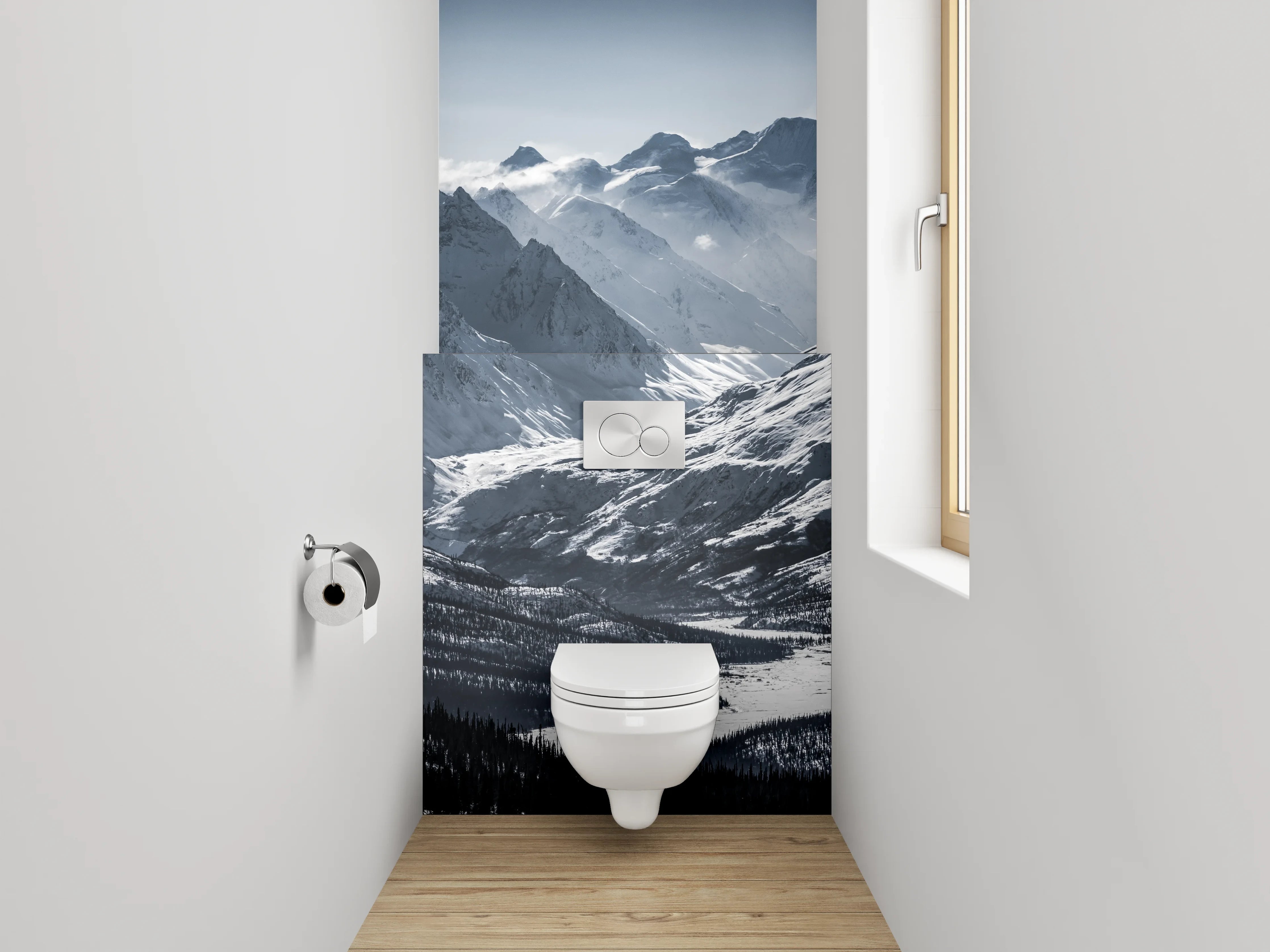 WC-Rückwand - Schneebedeckte Berge Panorama Schwarz-Weiß