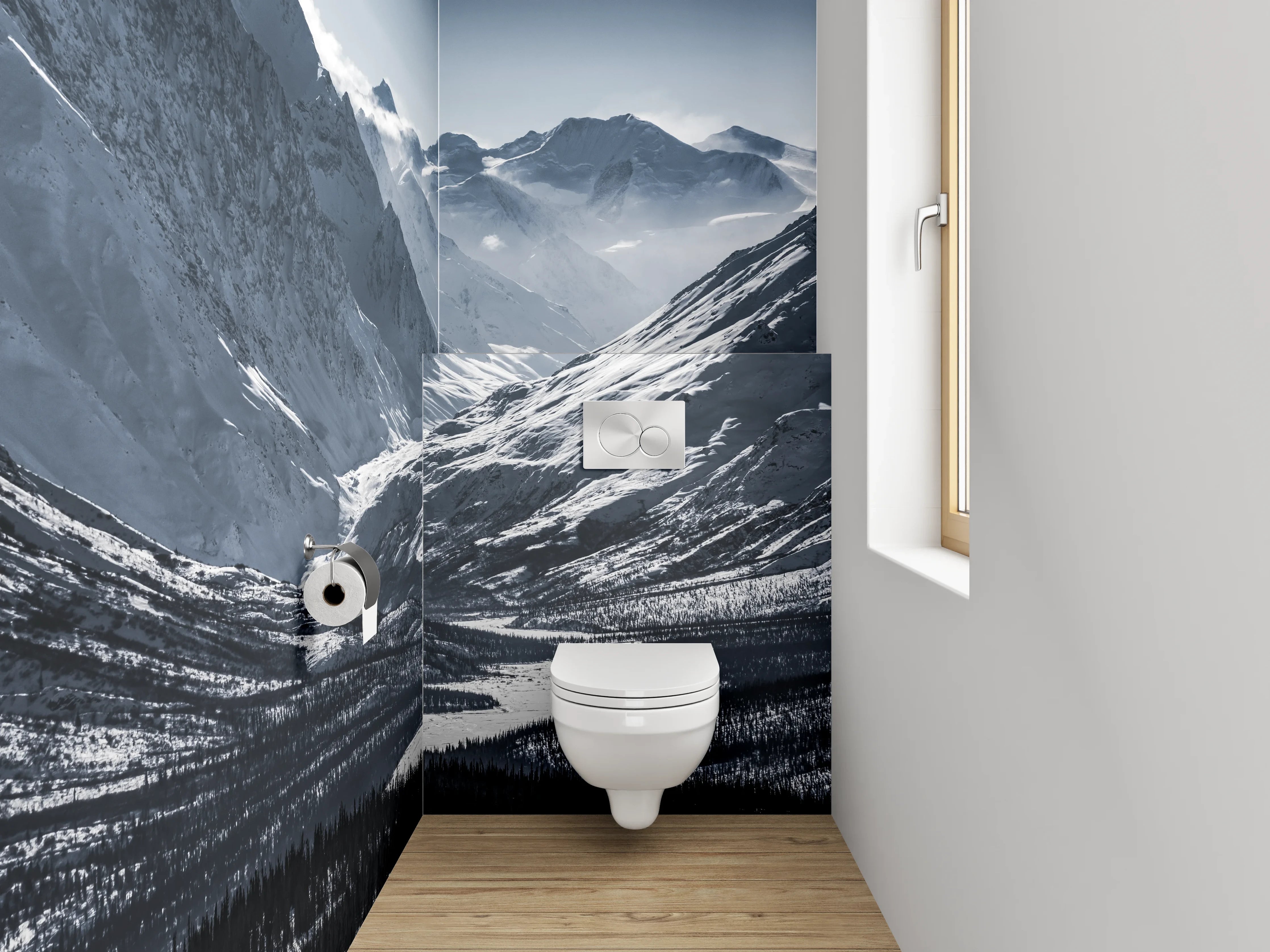 WC-Rückwand - Schneebedeckte Berge Panorama Schwarz-Weiß