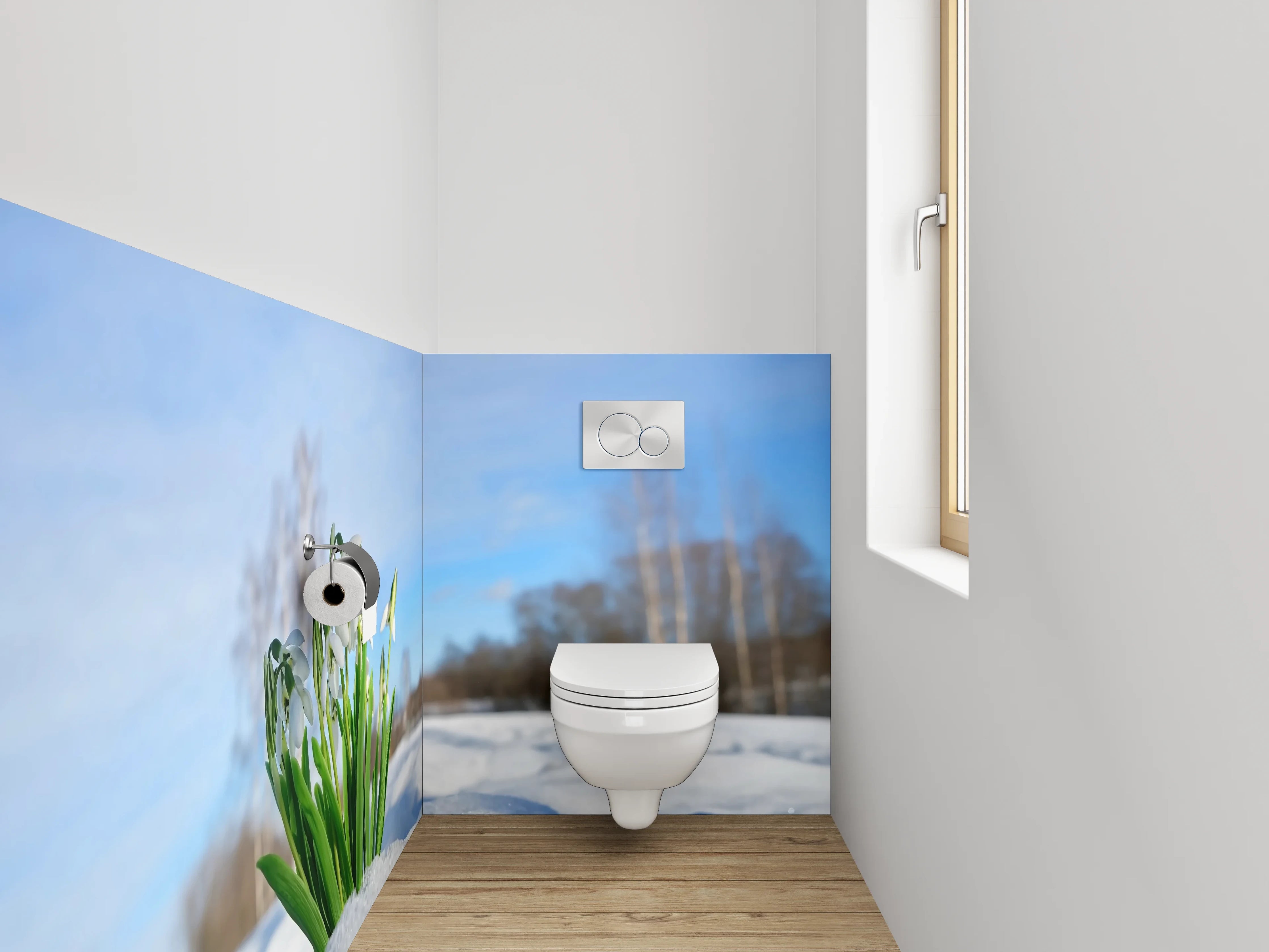 WC-Rückwand - Schneeglöckchen im Schnee unter blauem Himmel