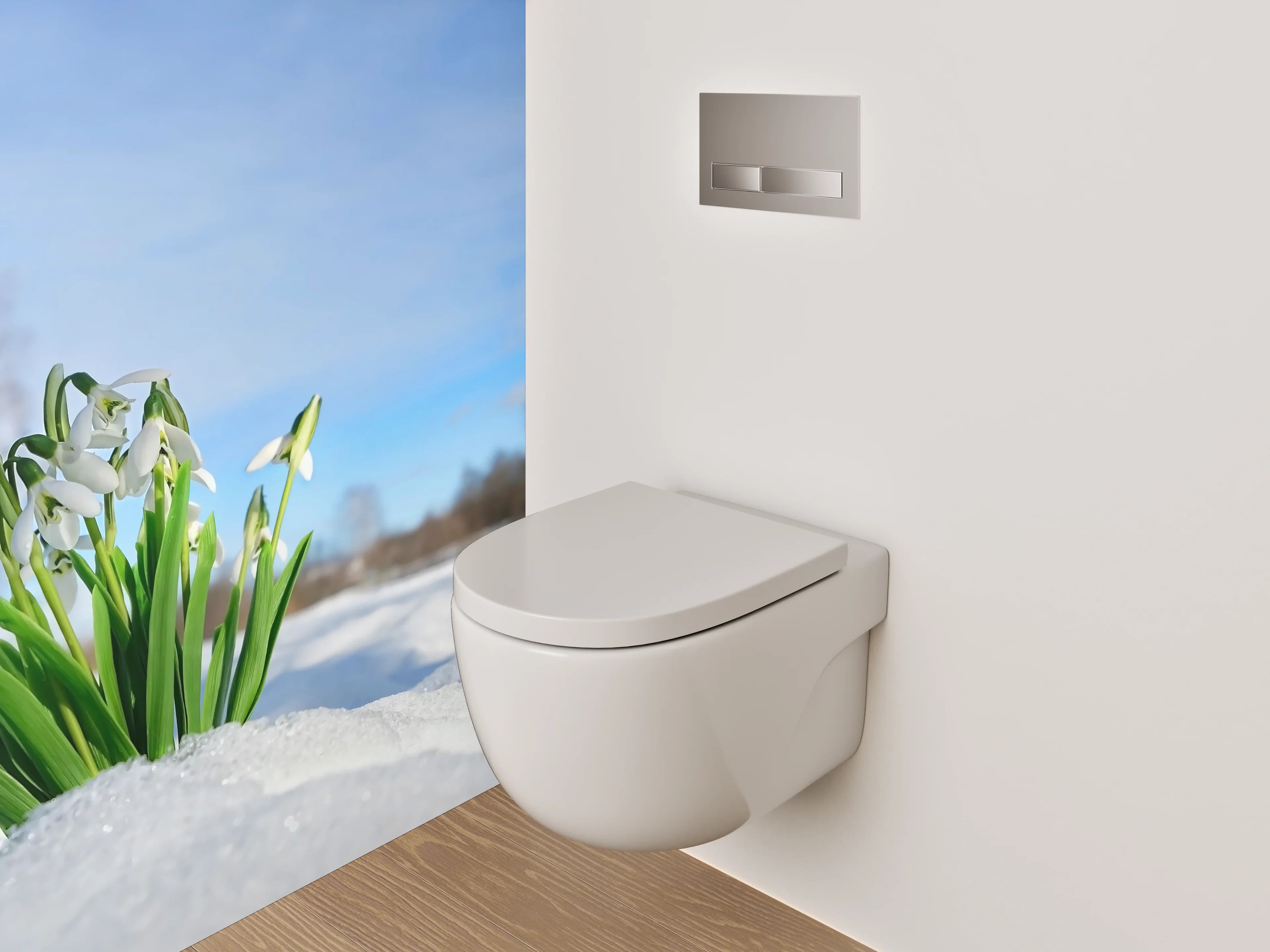 WC-Rückwand - Schneeglöckchen im Schnee unter blauem Himmel