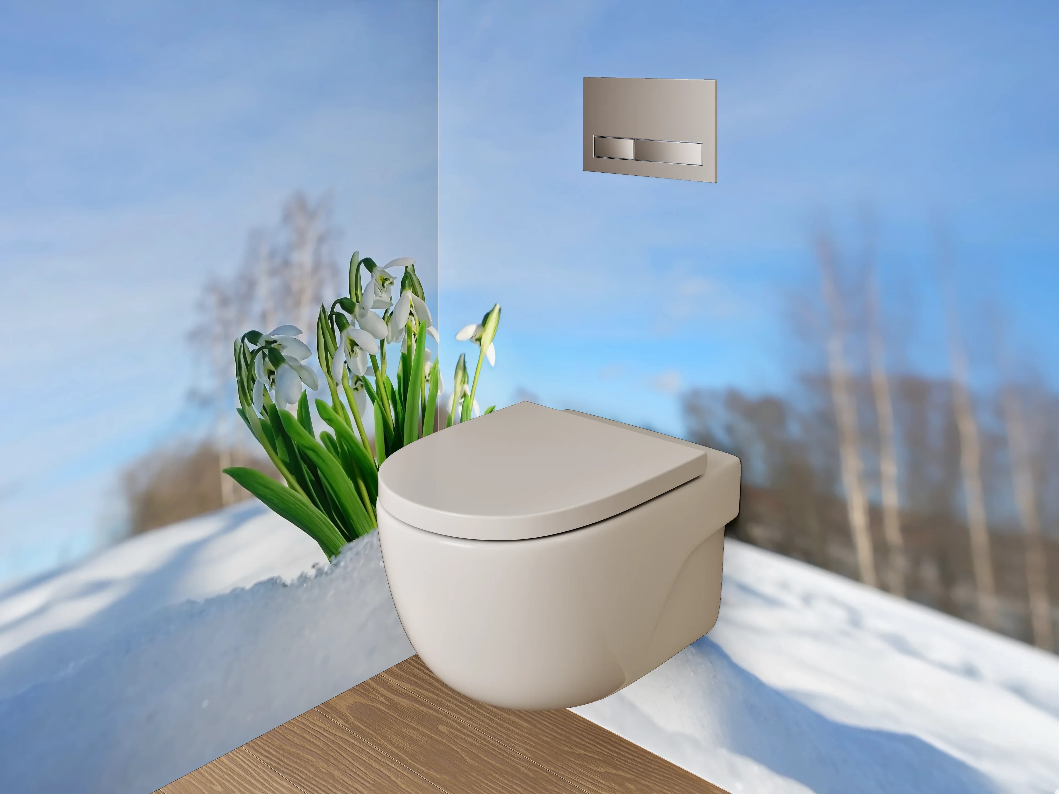 WC-Rückwand - Schneeglöckchen im Schnee unter blauem Himmel