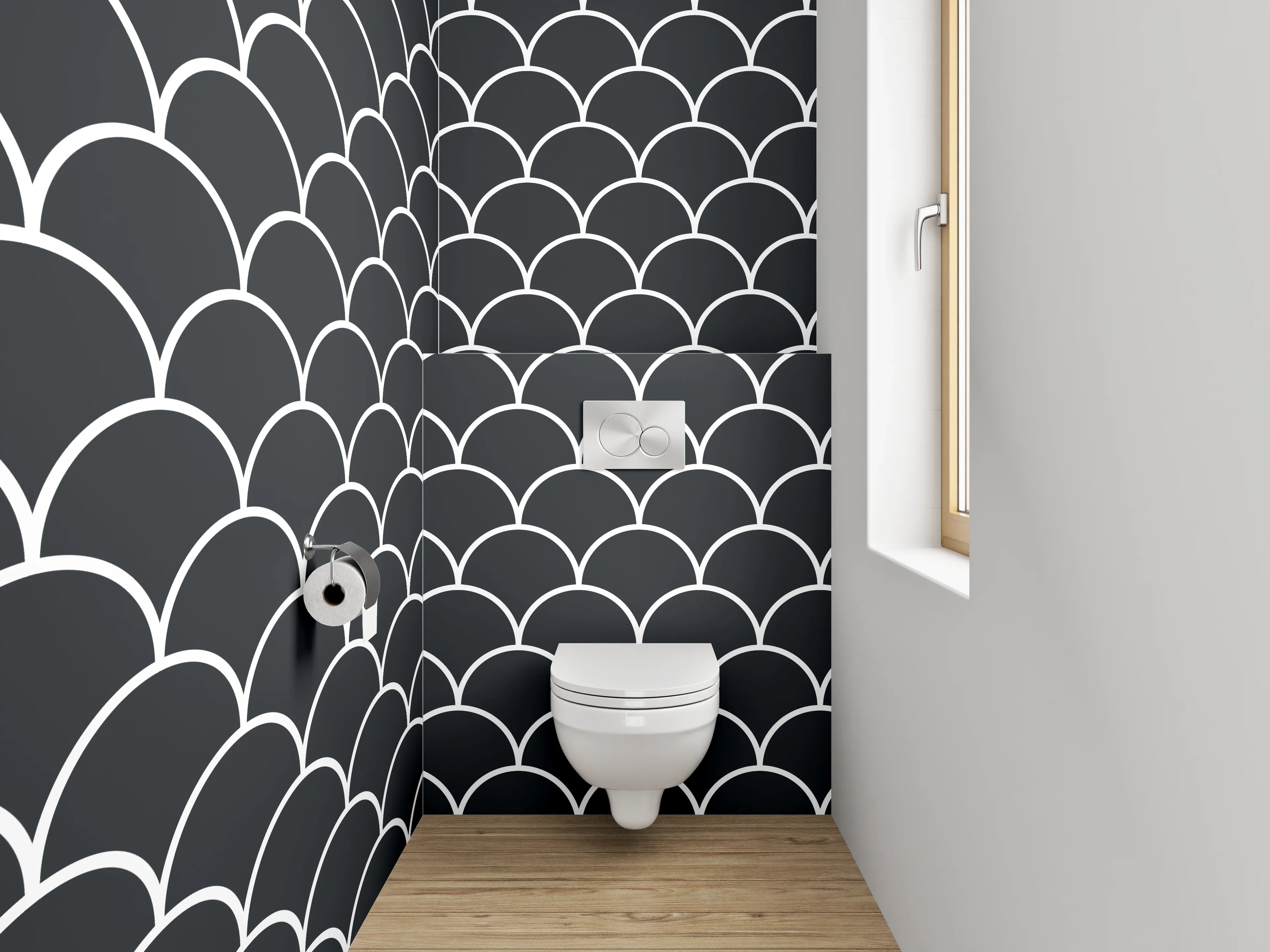WC-Rückwand - Schuppenmuster Schwarz-Weiß Modern