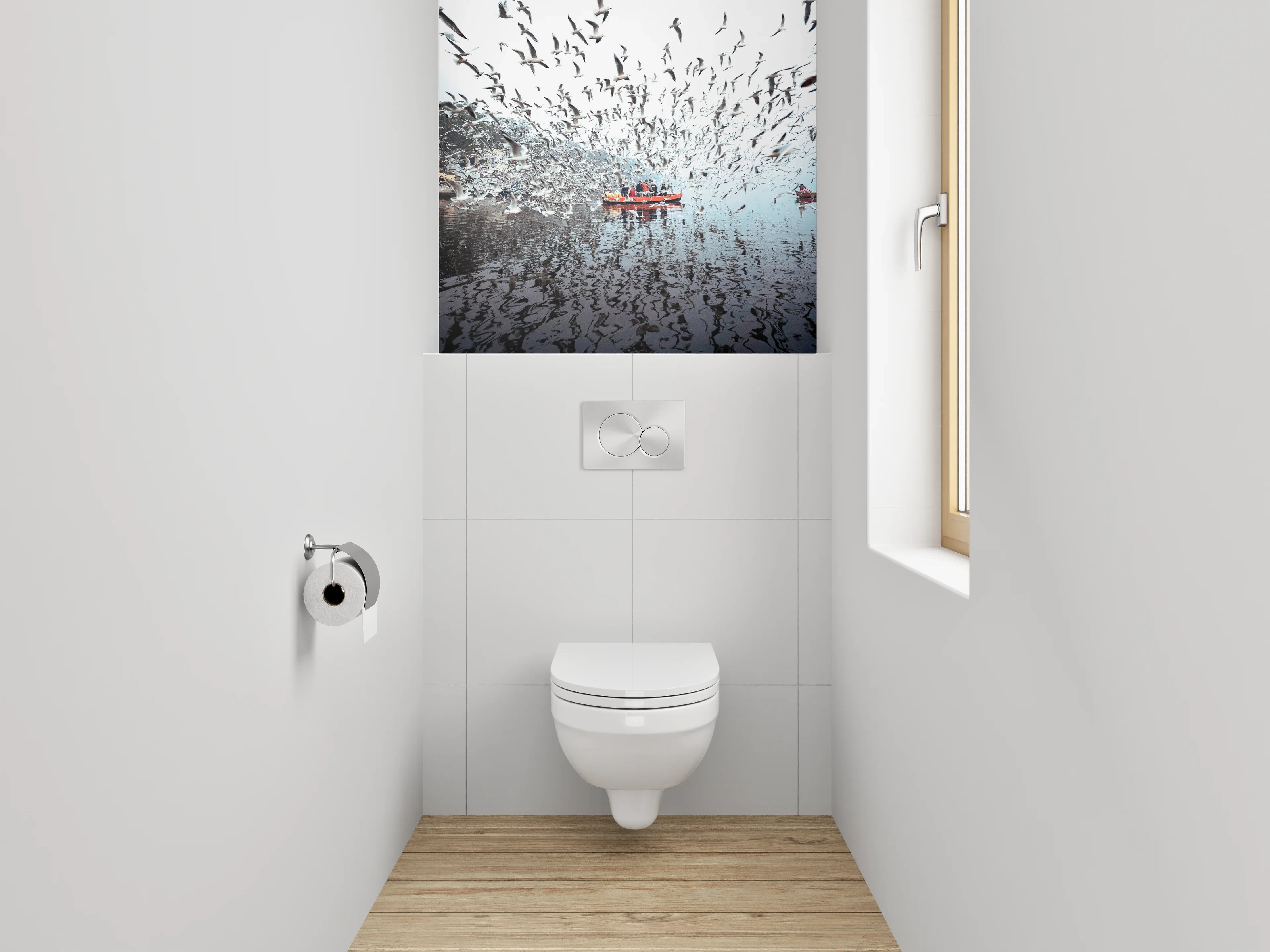 WC-Rückwand - Schwärmende Möwen über Boot am See