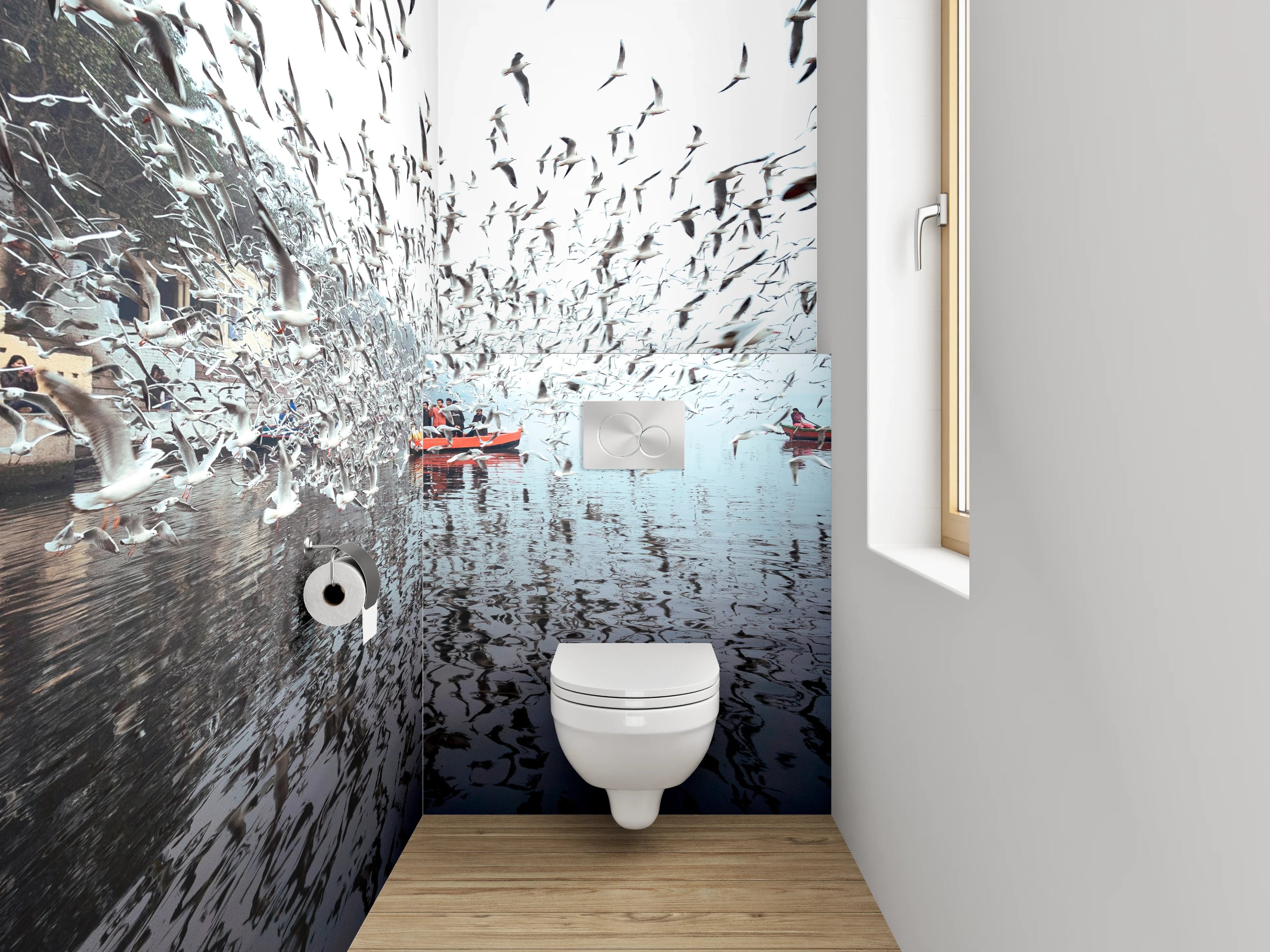 WC-Rückwand - Schwärmende Möwen über Boot am See