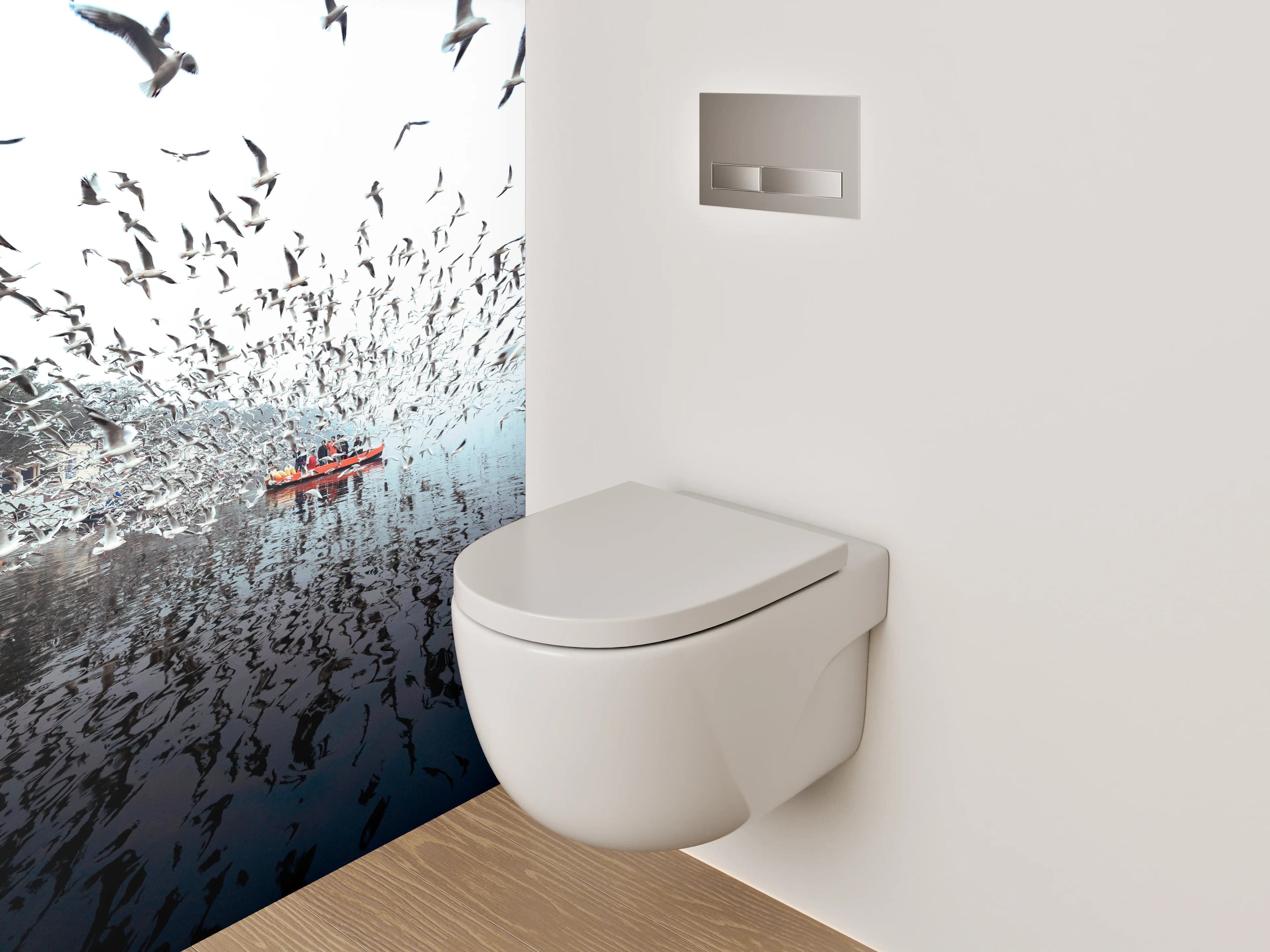 WC-Rückwand - Schwärmende Möwen über Boot am See