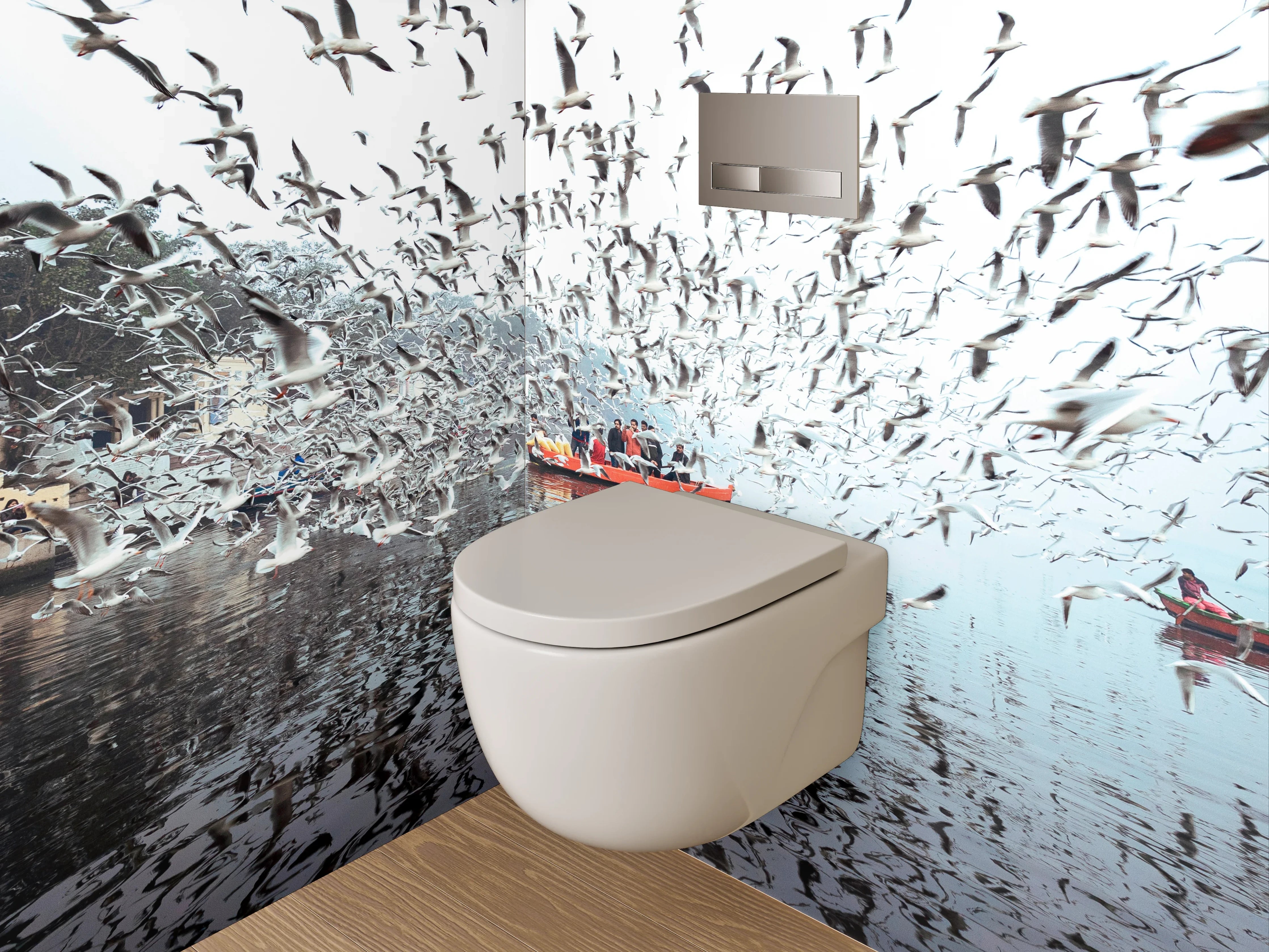 WC-Rückwand - Schwärmende Möwen über Boot am See