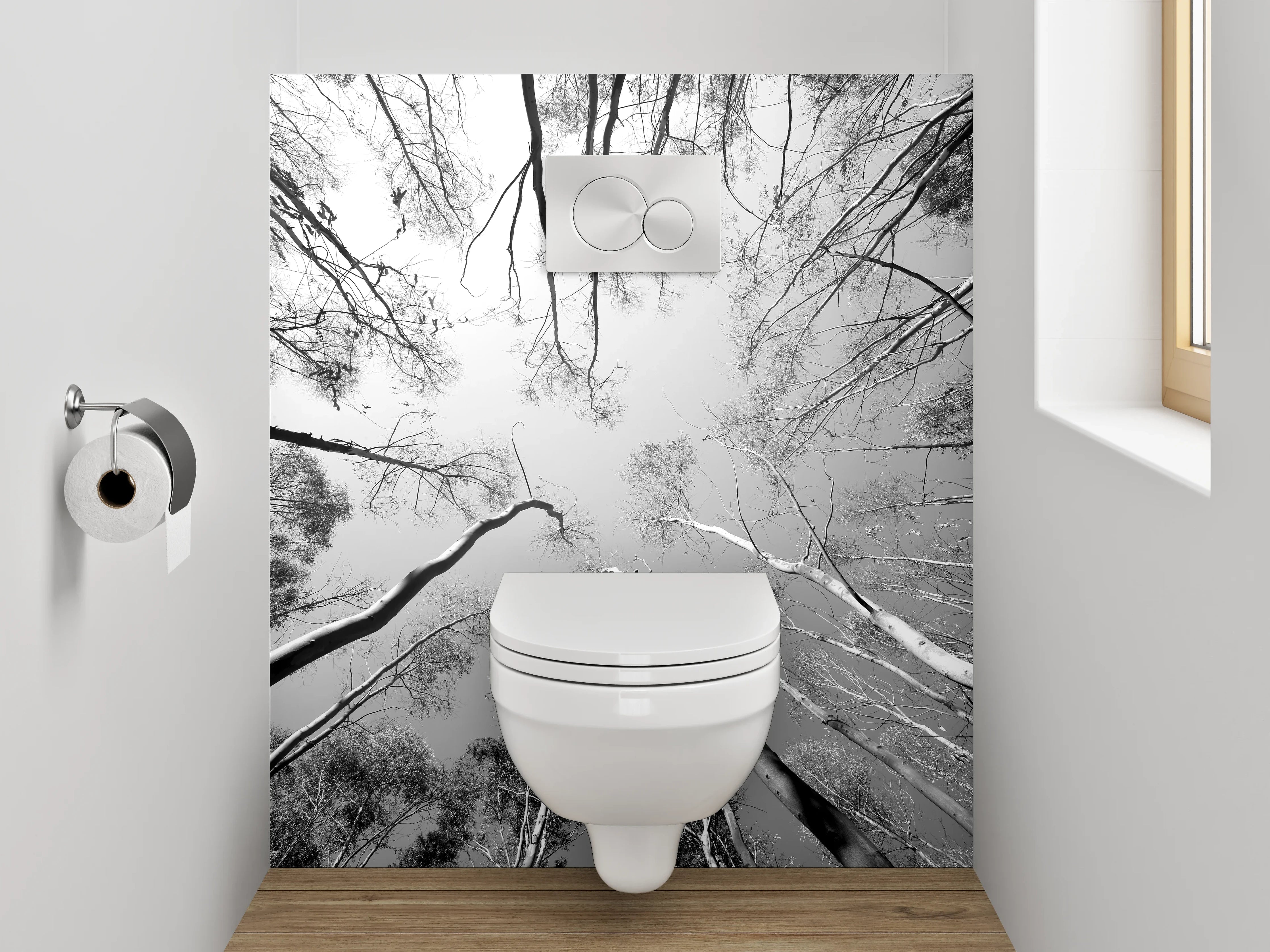 WC-Rückwand - Schwarz-Weiß Baumwipfelperspektive