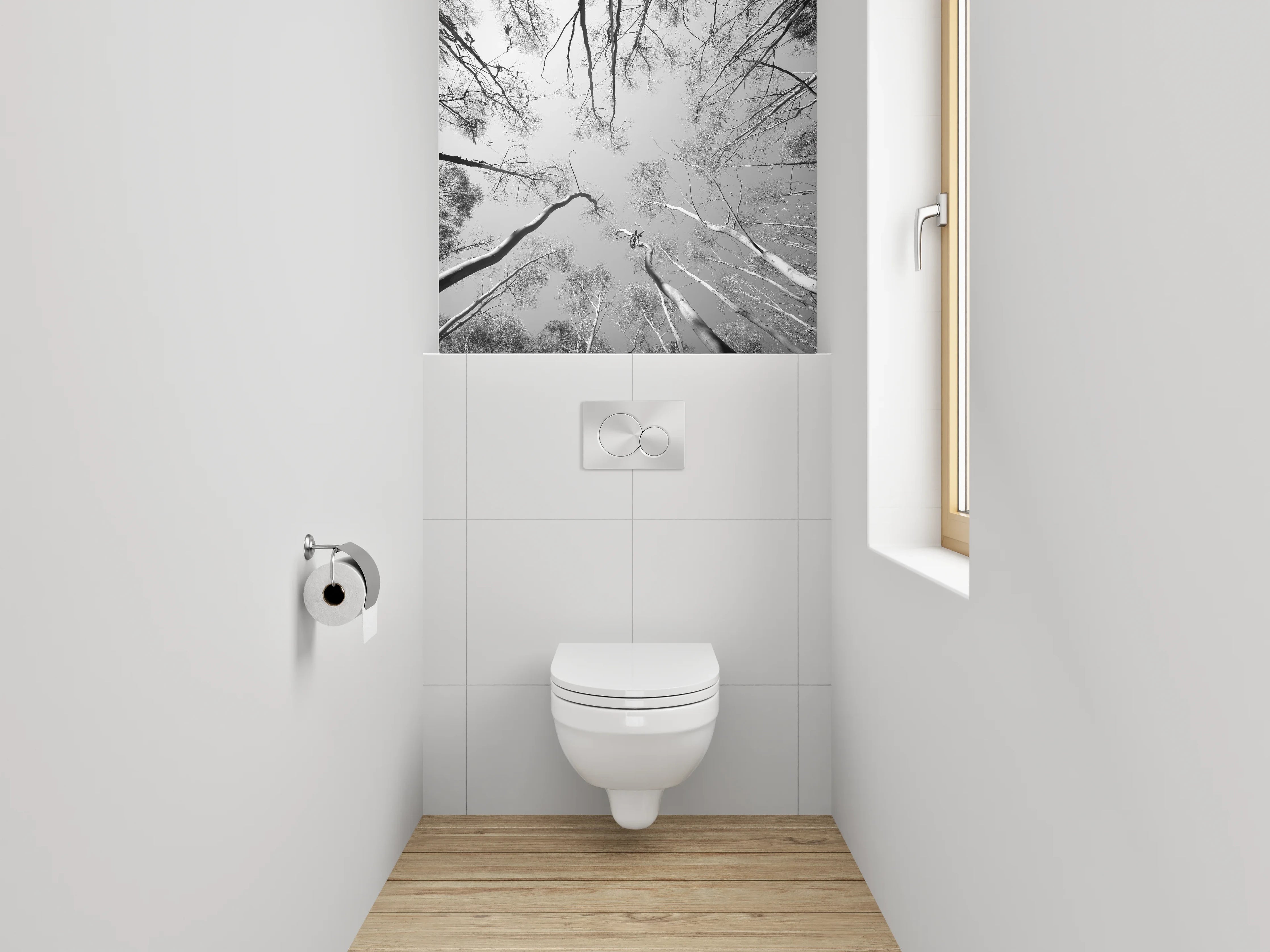WC-Rückwand - Schwarz-Weiß Baumwipfelperspektive