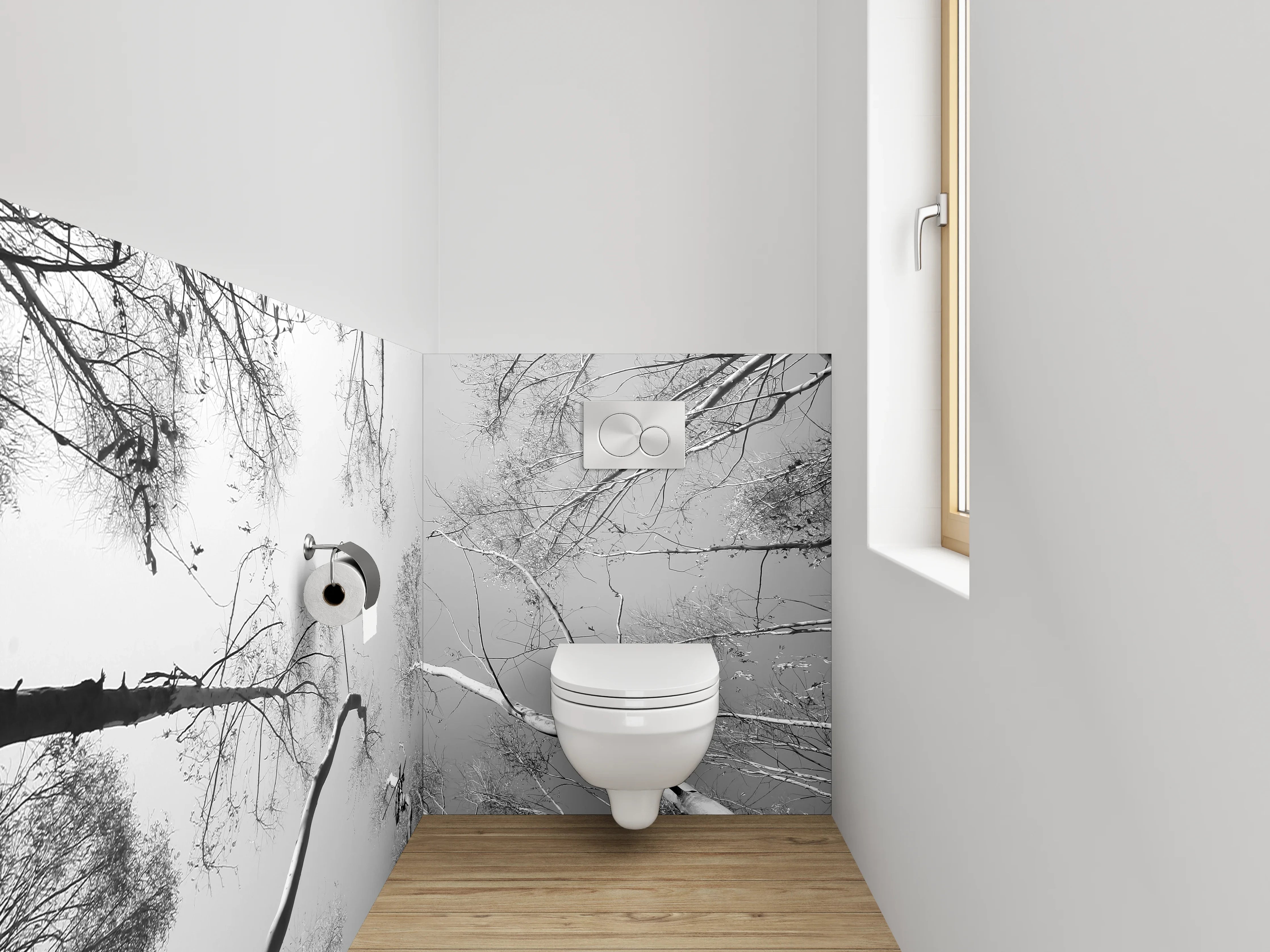 WC-Rückwand - Schwarz-Weiß Baumwipfelperspektive