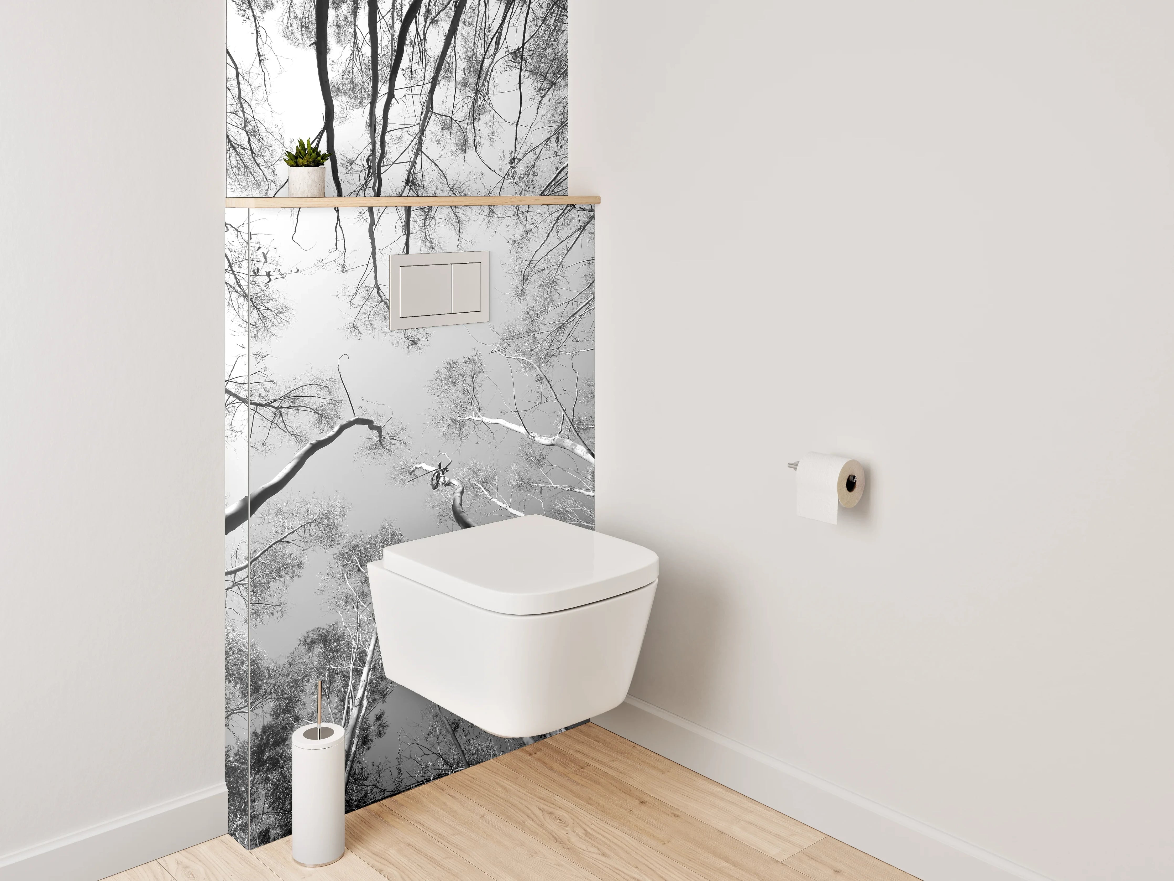 WC-Rückwand - Schwarz-Weiß Baumwipfelperspektive