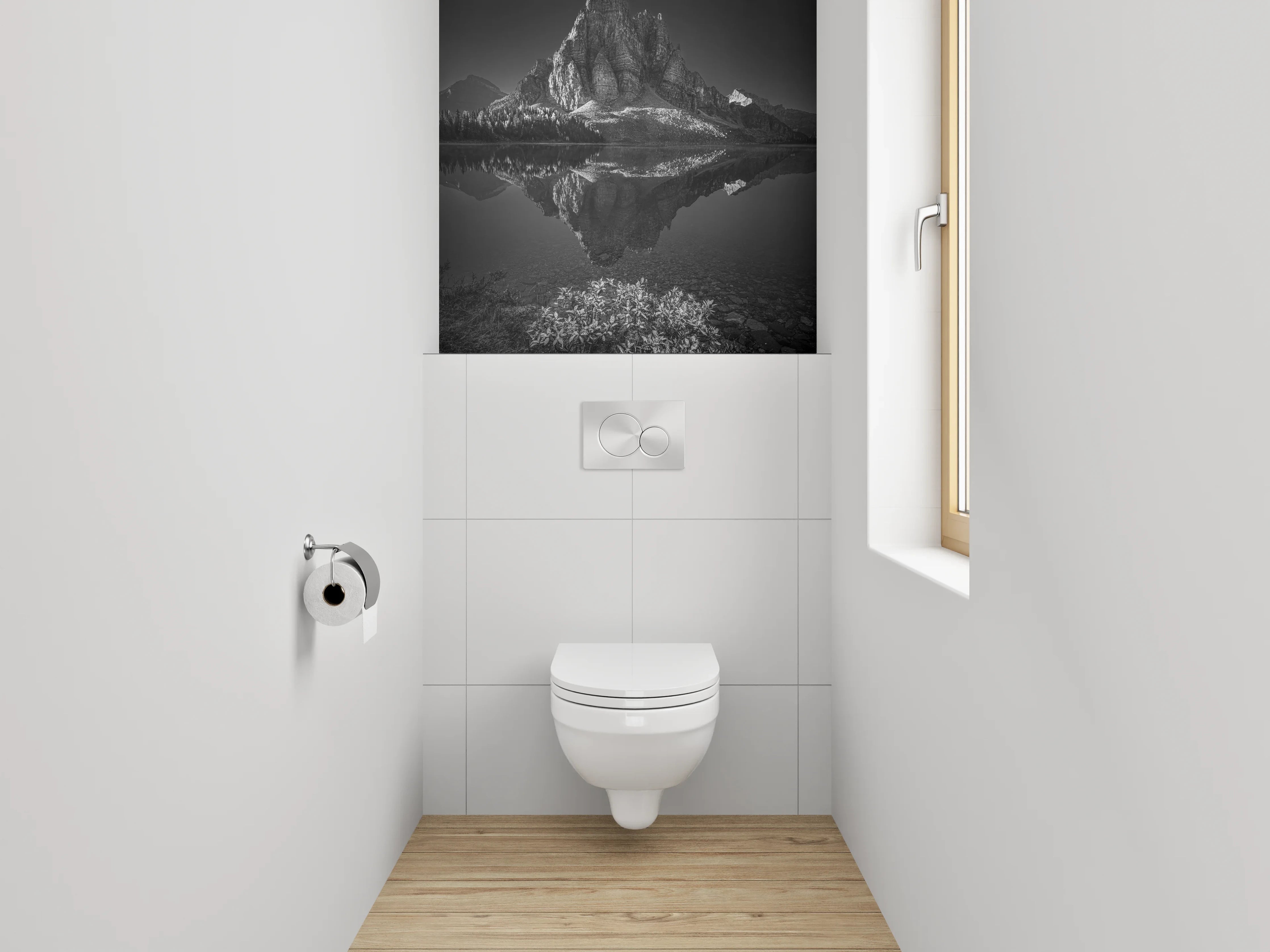 WC-Rückwand - Schwarz-Weiß Berglandschaft am See