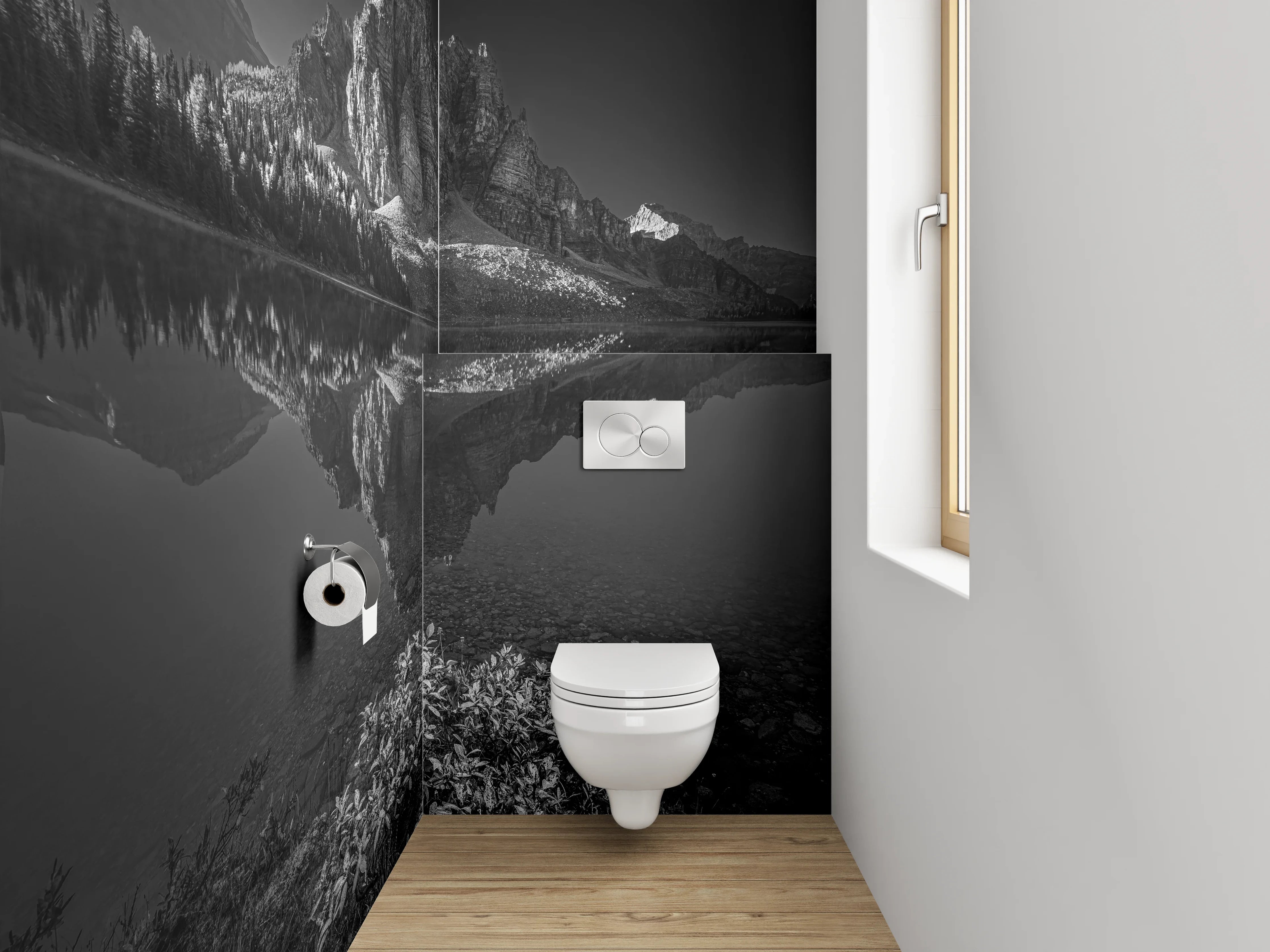 WC-Rückwand - Schwarz-Weiß Berglandschaft am See