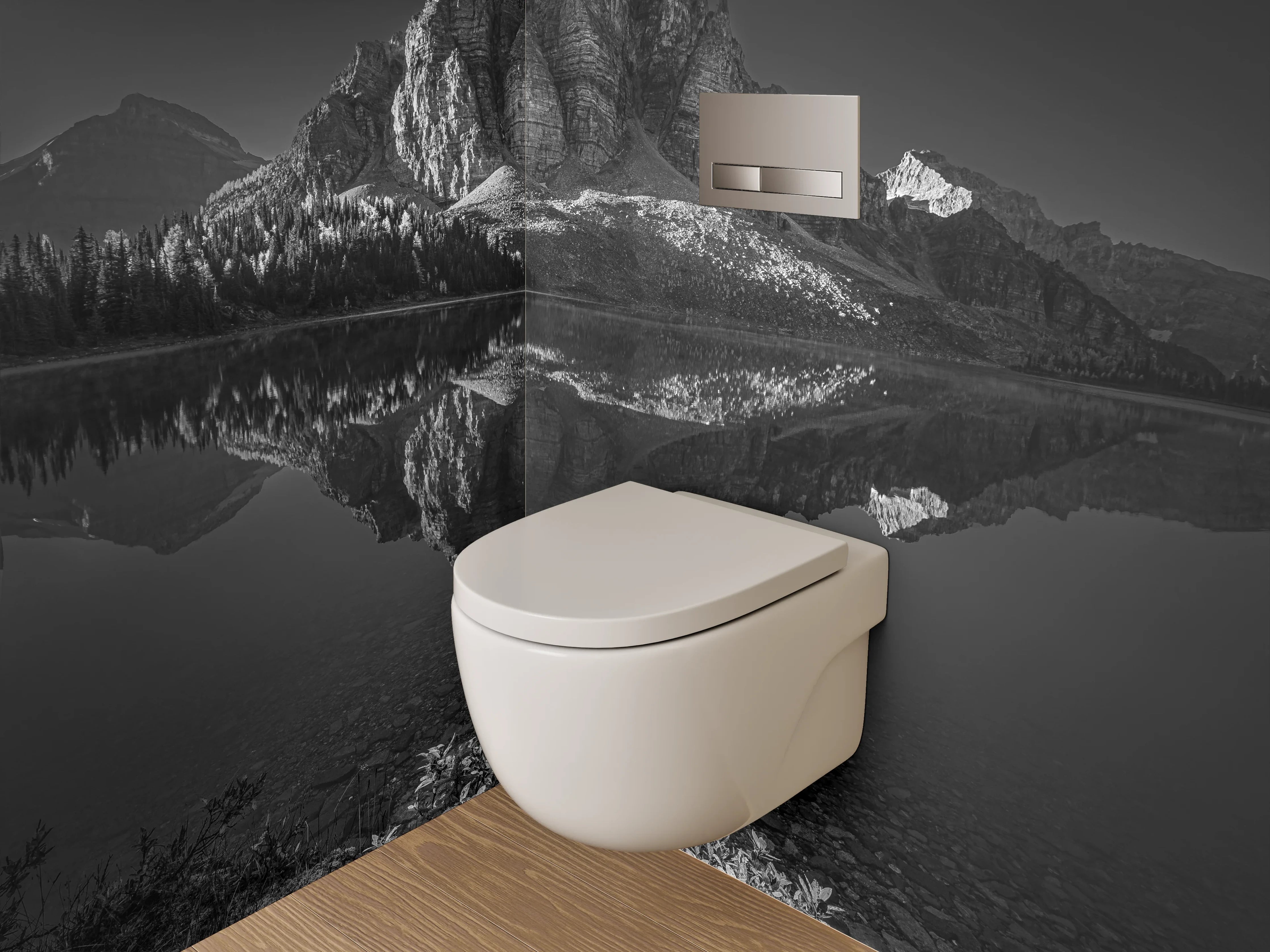 WC-Rückwand - Schwarz-Weiß Berglandschaft am See