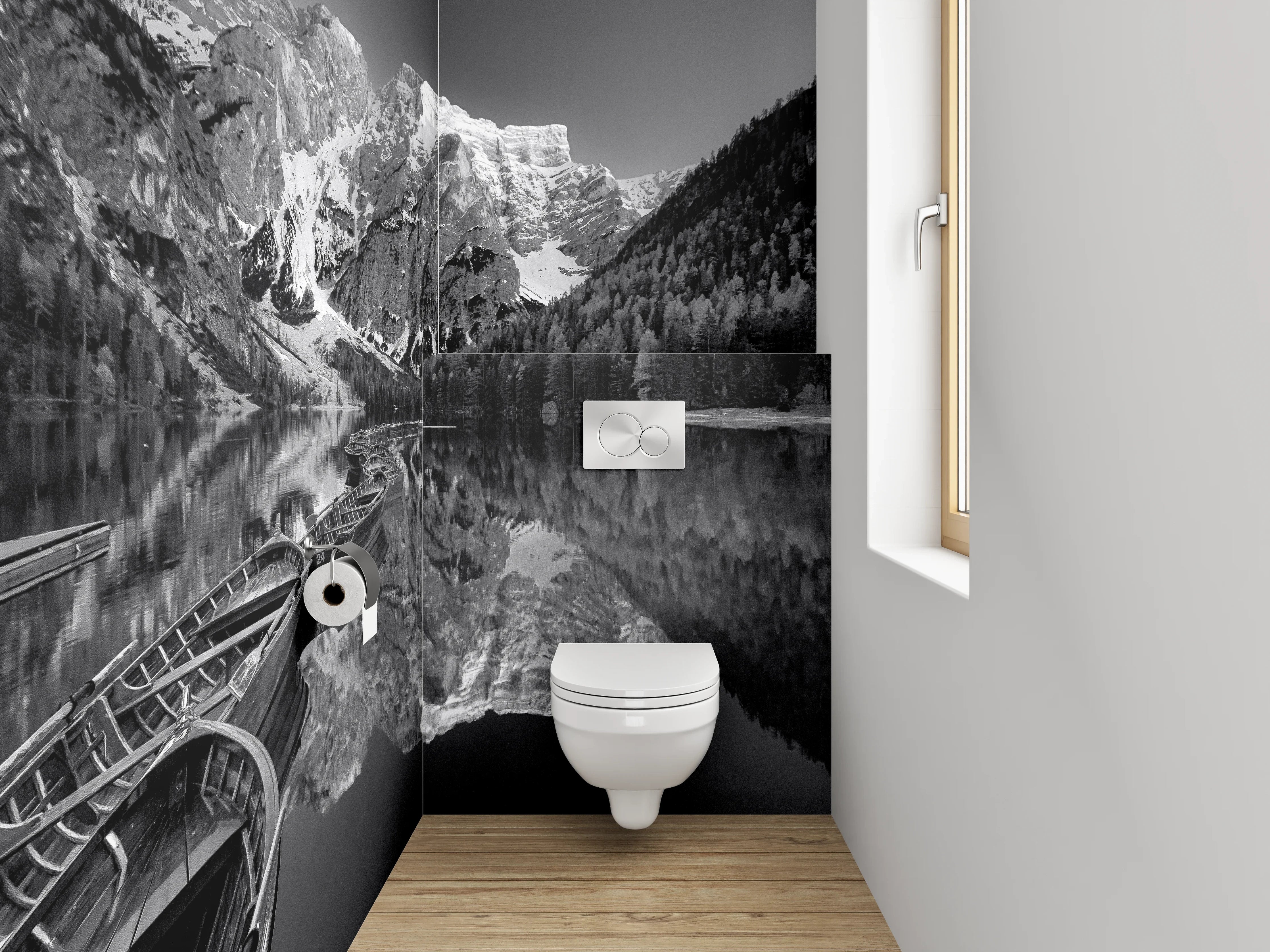 WC-Rückwand - Schwarz-Weiß Bergsee Panorama