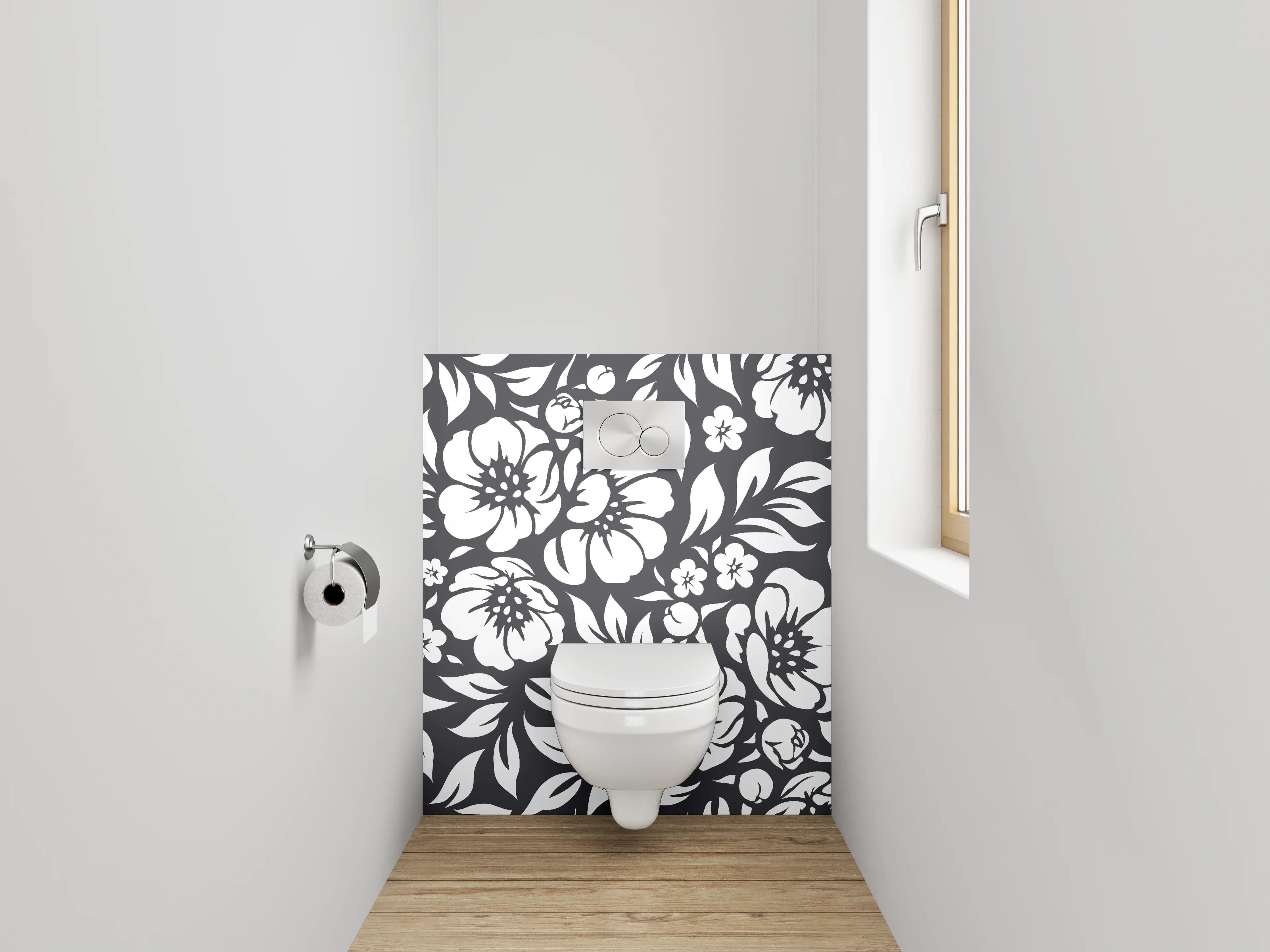 WC-Rückwand - Schwarz-Weiß-Blumen in zarten Grautönen
