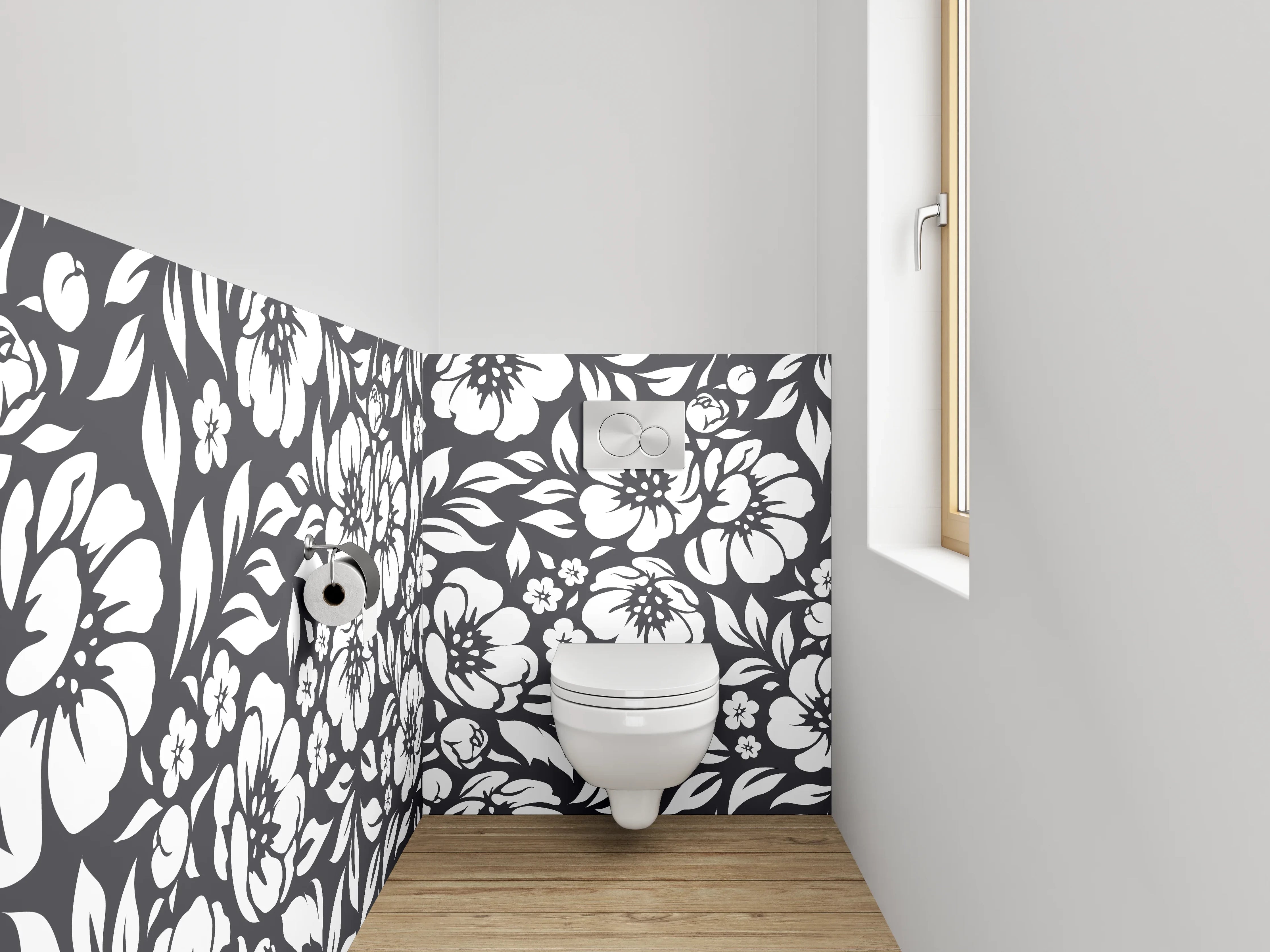 WC-Rückwand - Schwarz-Weiß-Blumen in zarten Grautönen