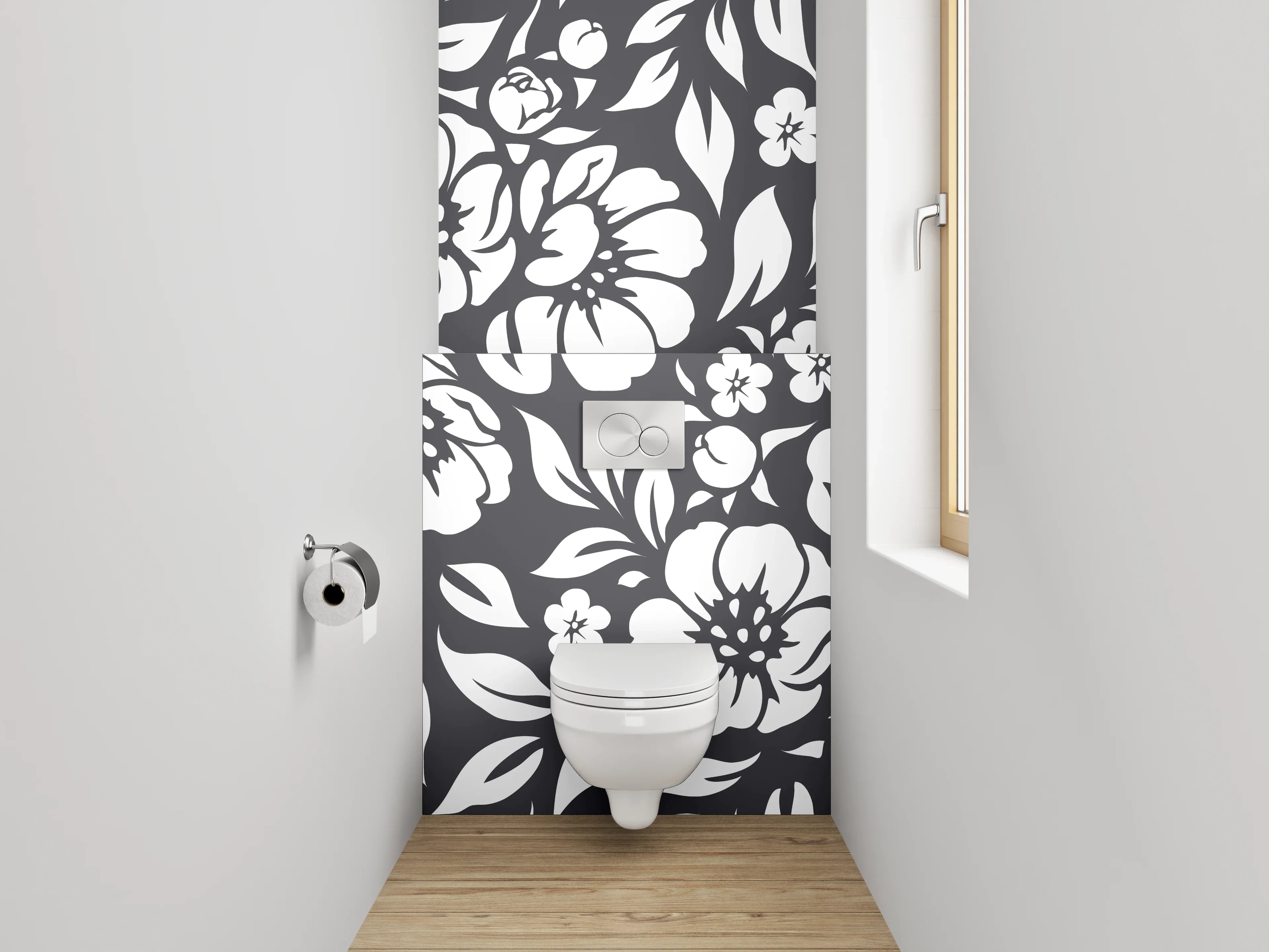 WC-Rückwand - Schwarz-Weiß-Blumen in zarten Grautönen