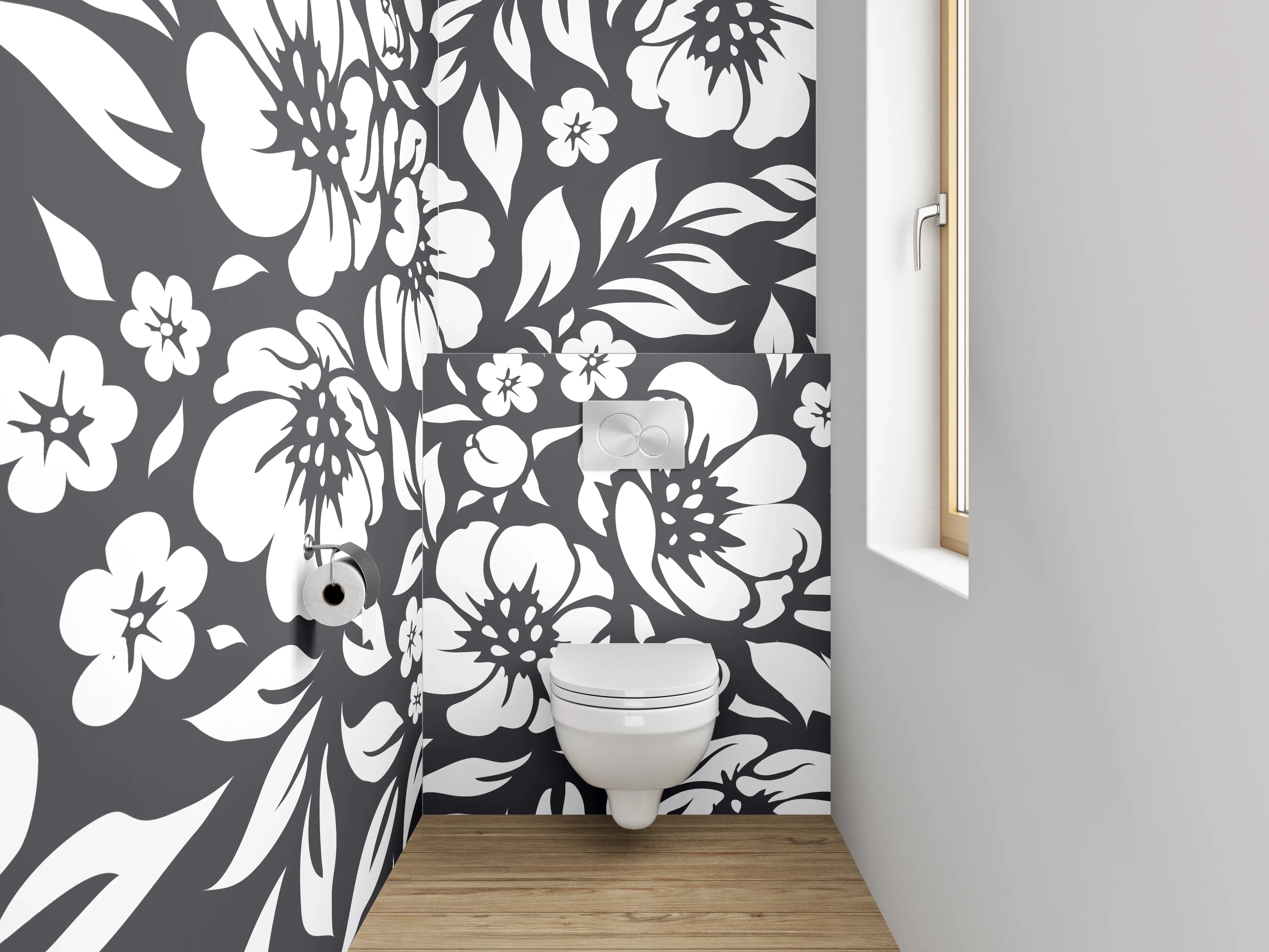 WC-Rückwand - Schwarz-Weiß-Blumen in zarten Grautönen