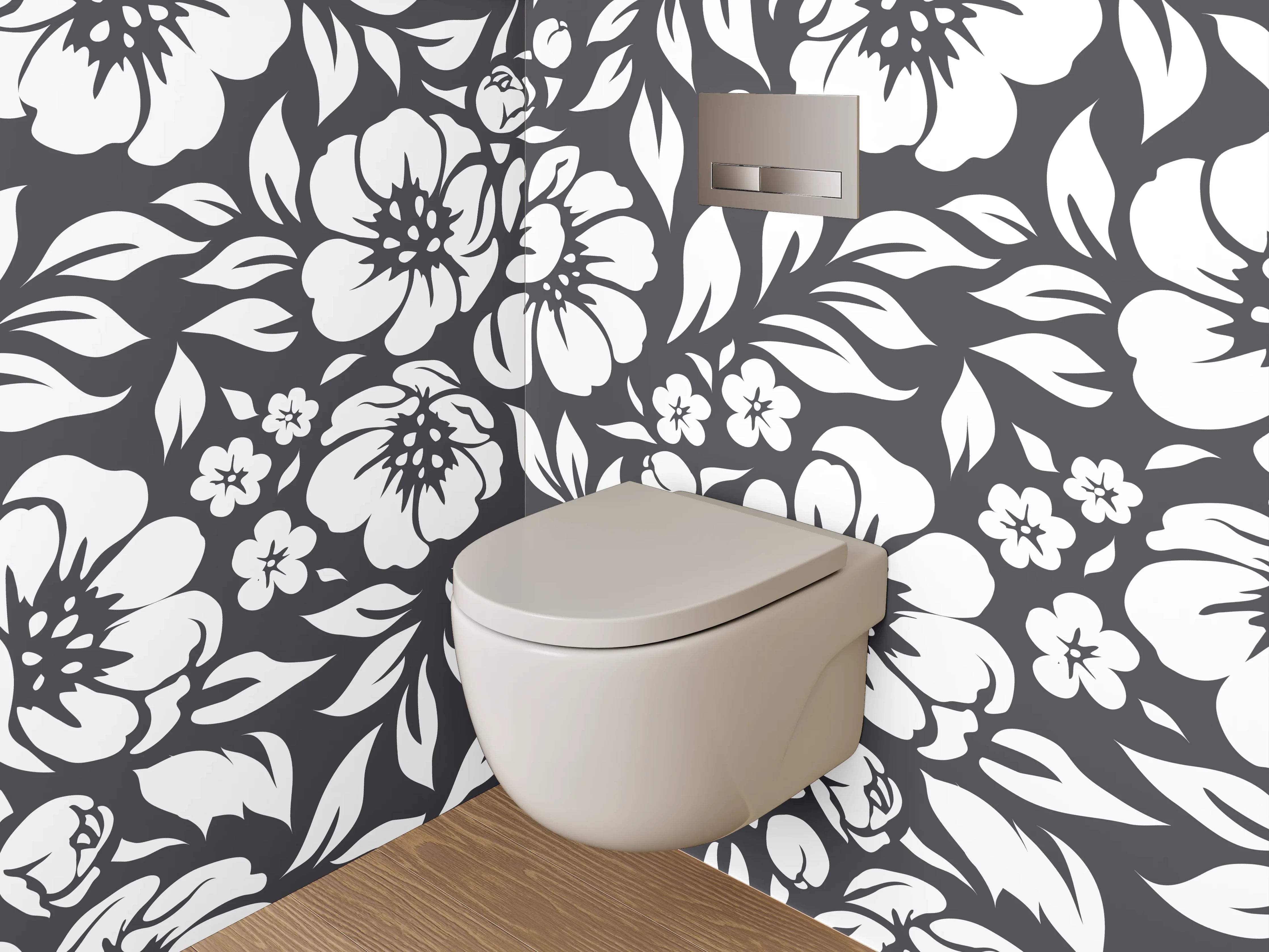WC-Rückwand - Schwarz-Weiß-Blumen in zarten Grautönen