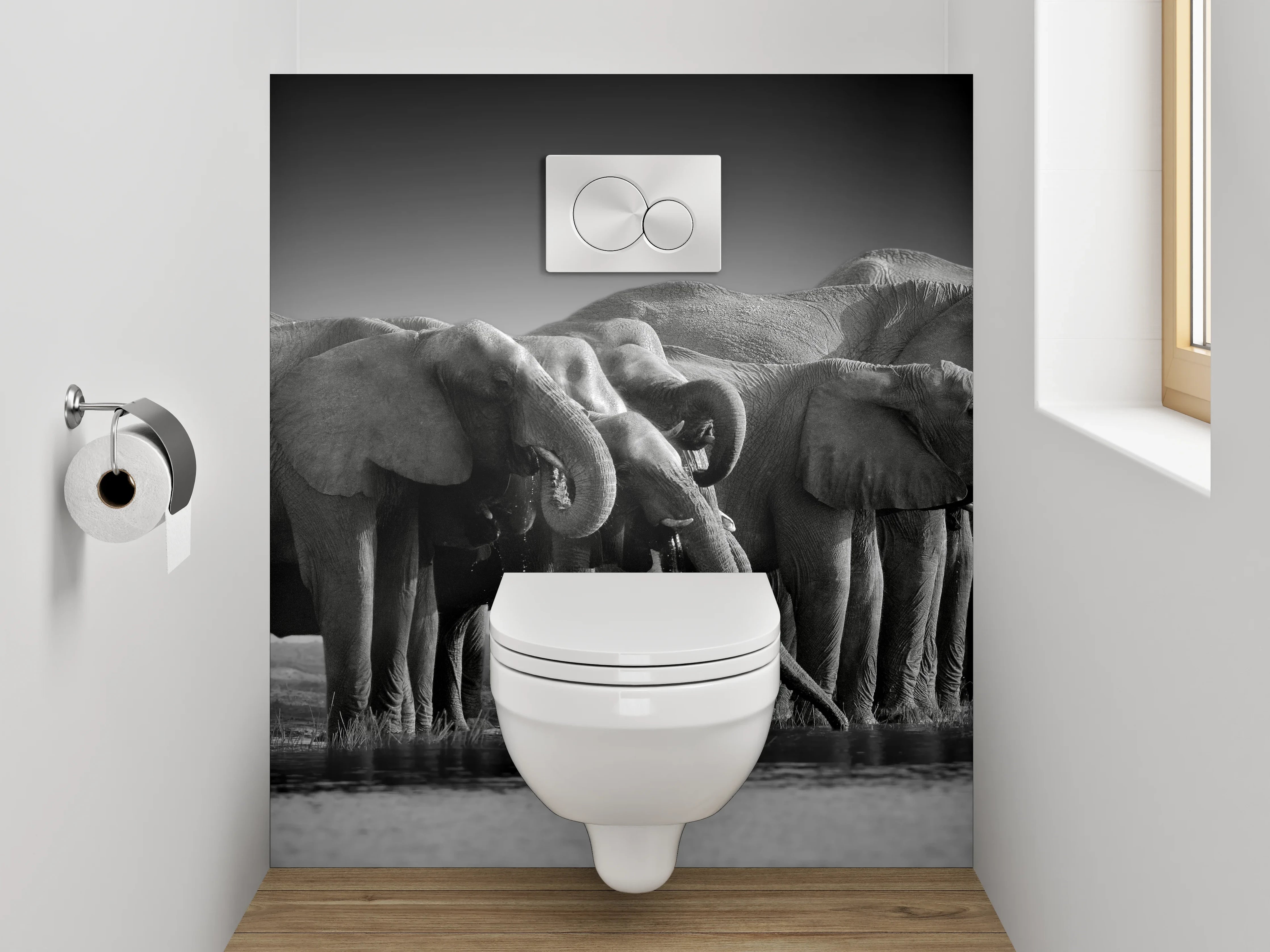 WC-Rückwand - Schwarz-Weiß Elefantenherde Savanne
