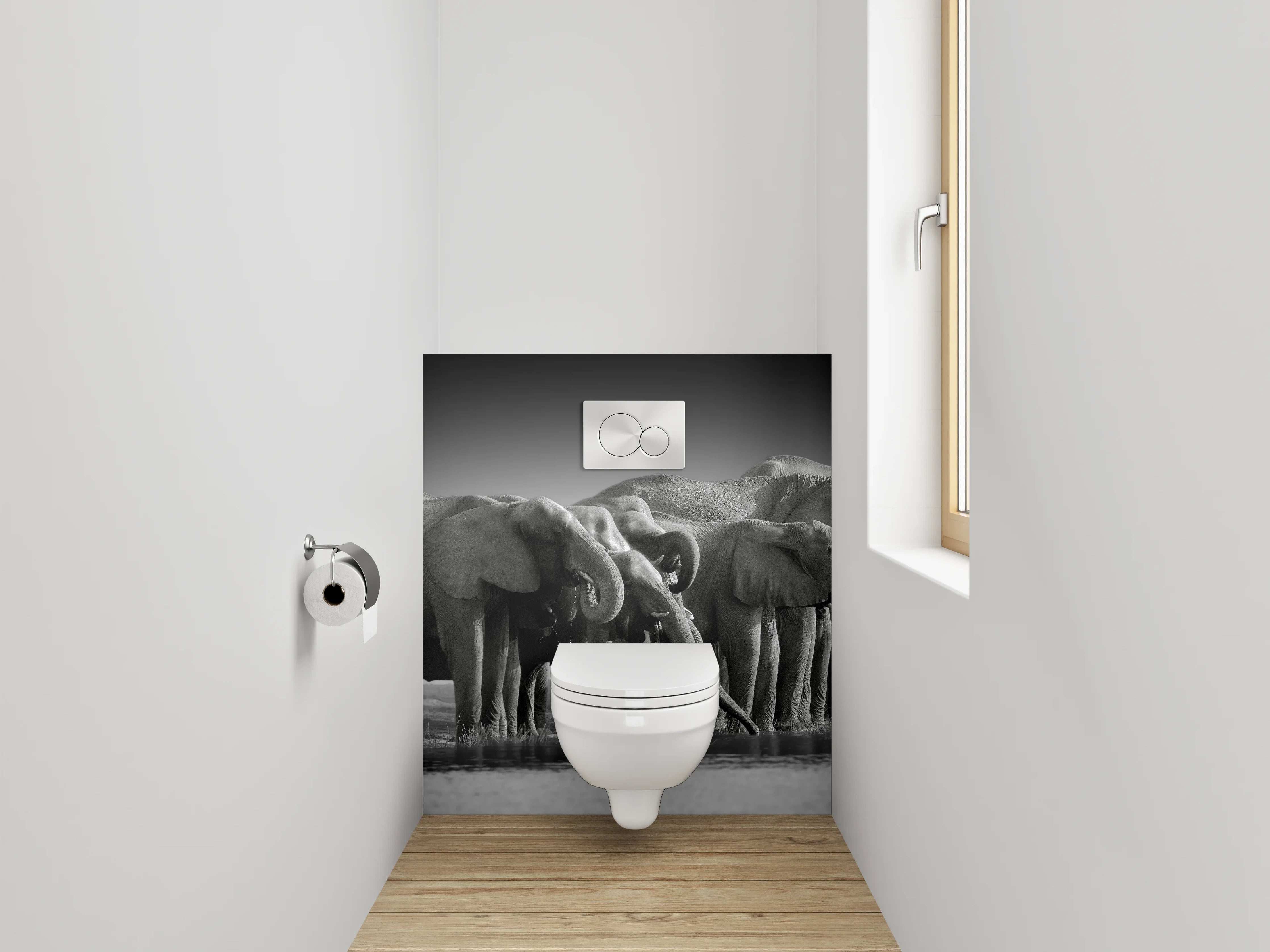 WC-Rückwand - Schwarz-Weiß Elefantenherde Savanne