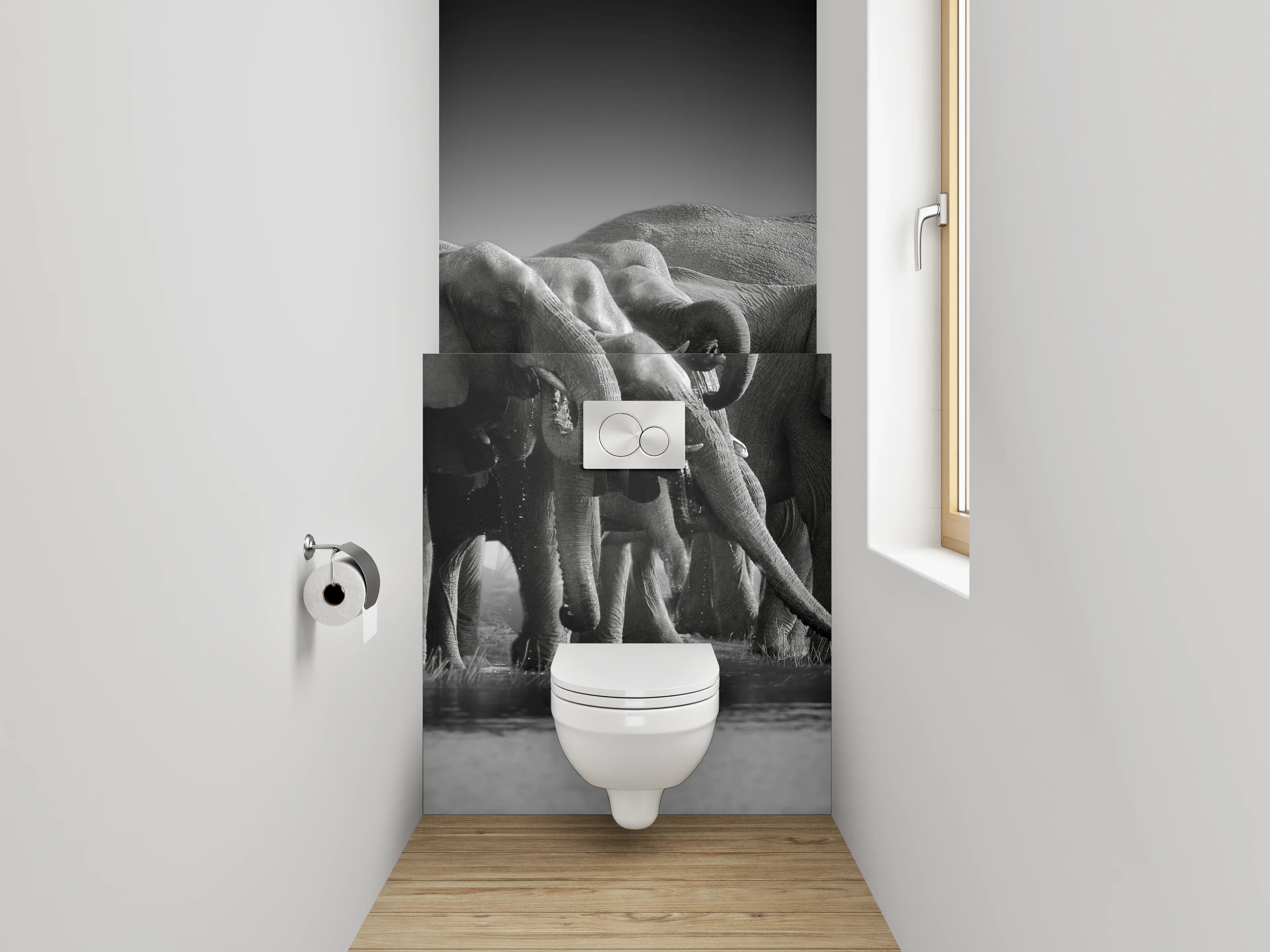 WC-Rückwand - Schwarz-Weiß Elefantenherde Savanne