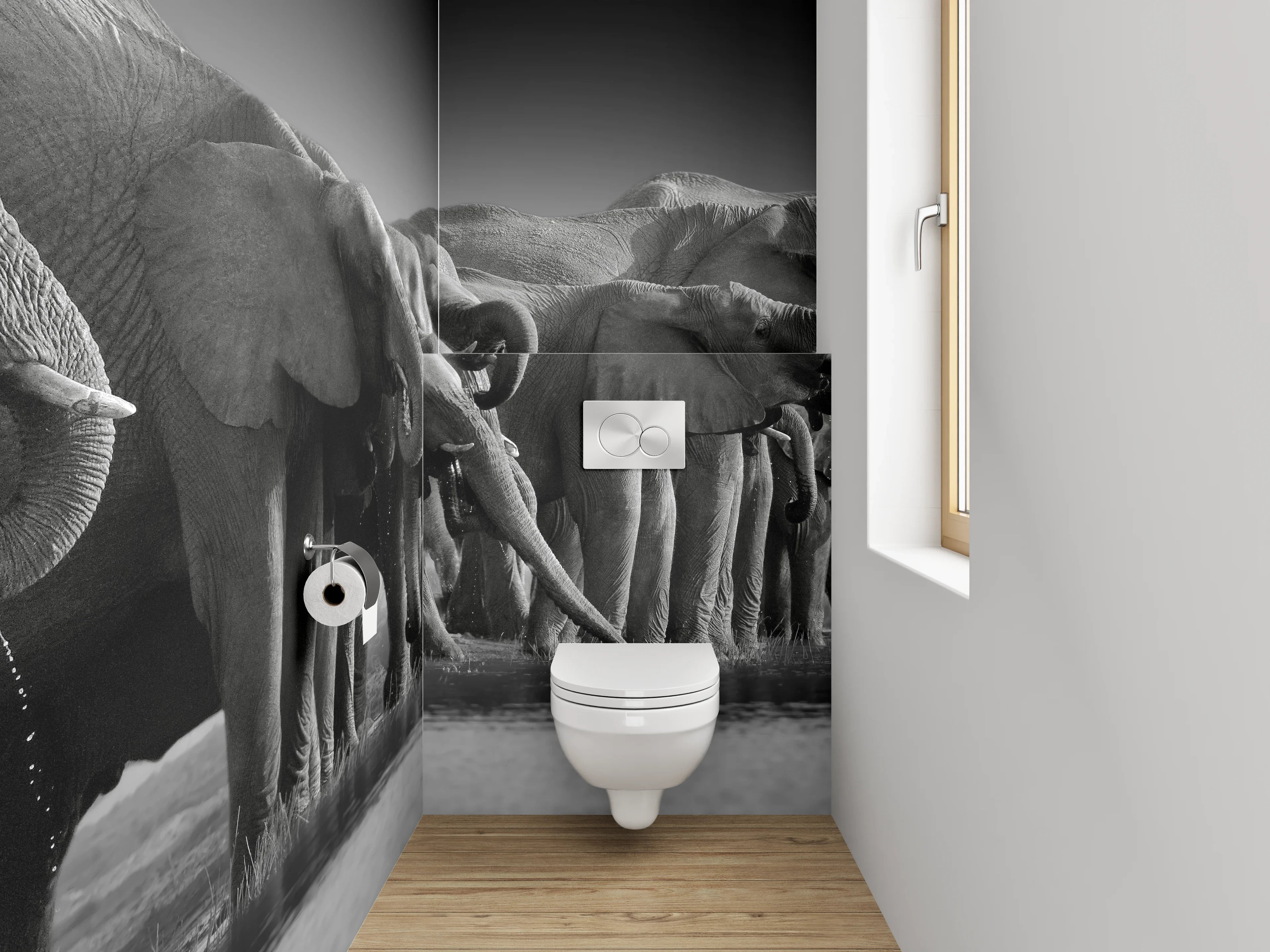 WC-Rückwand - Schwarz-Weiß Elefantenherde Savanne