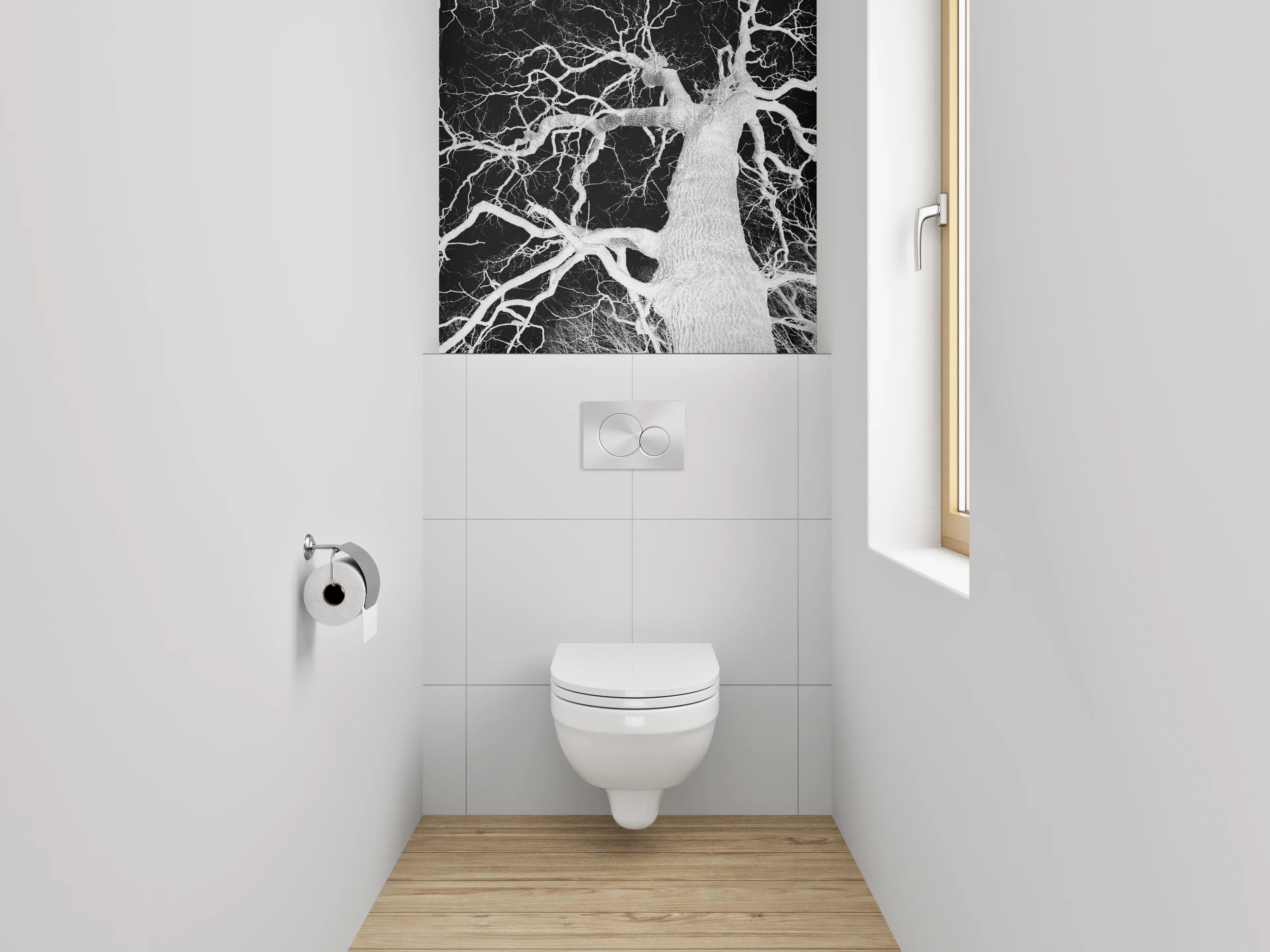 WC-Rückwand - Schwarz-Weiß Negativ Baumästhetik