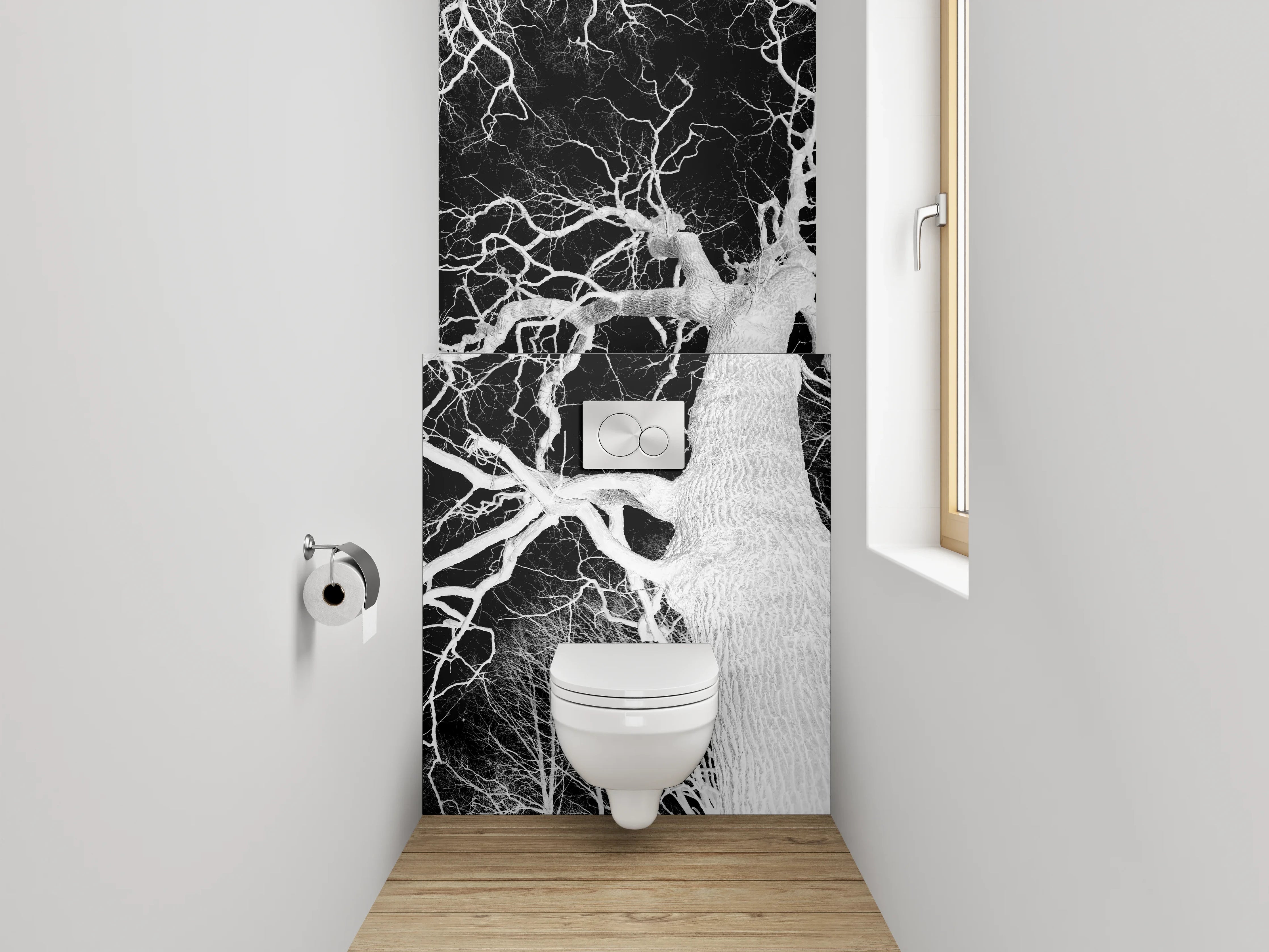 WC-Rückwand - Schwarz-Weiß Negativ Baumästhetik