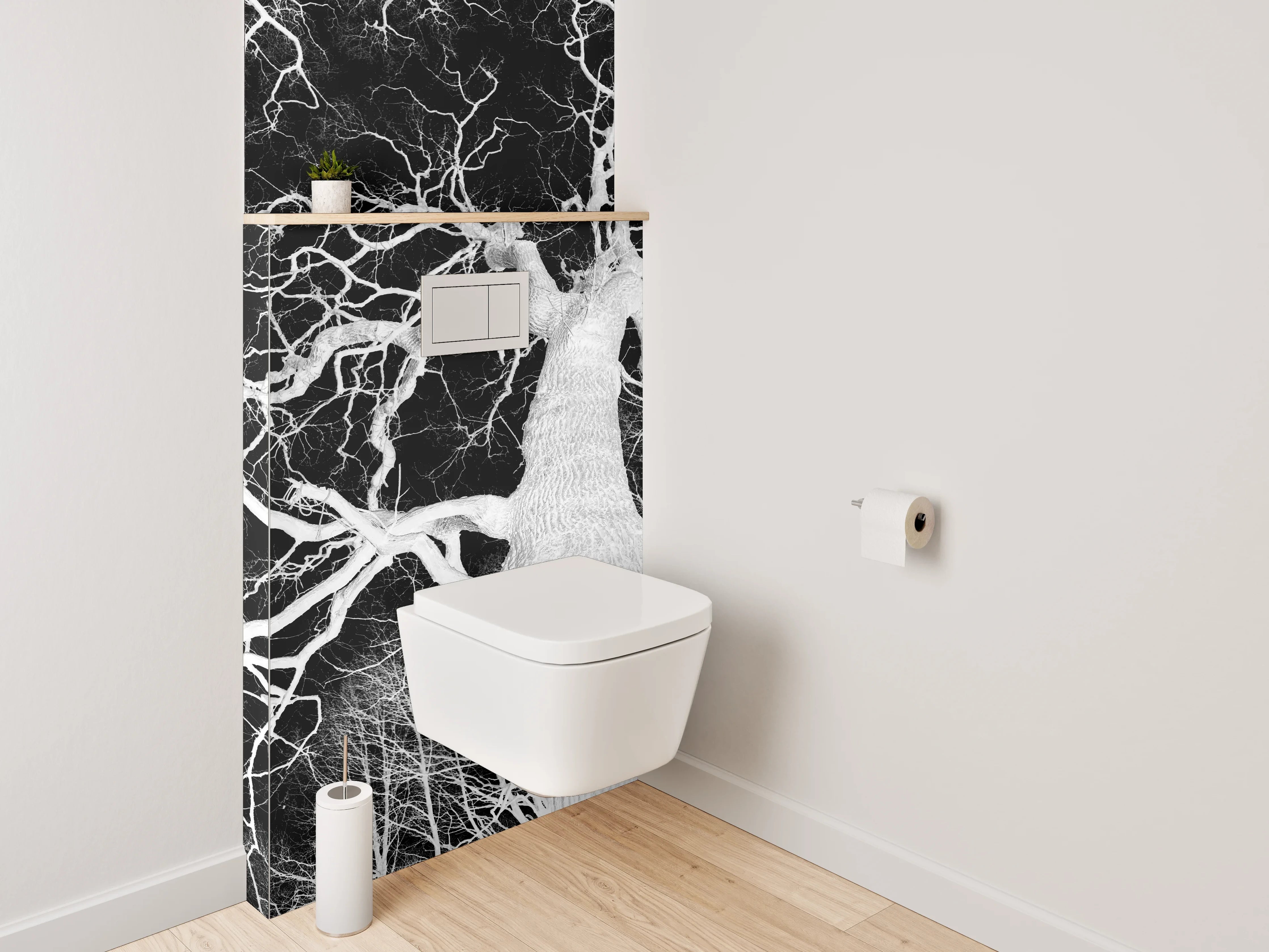 WC-Rückwand - Schwarz-Weiß Negativ Baumästhetik
