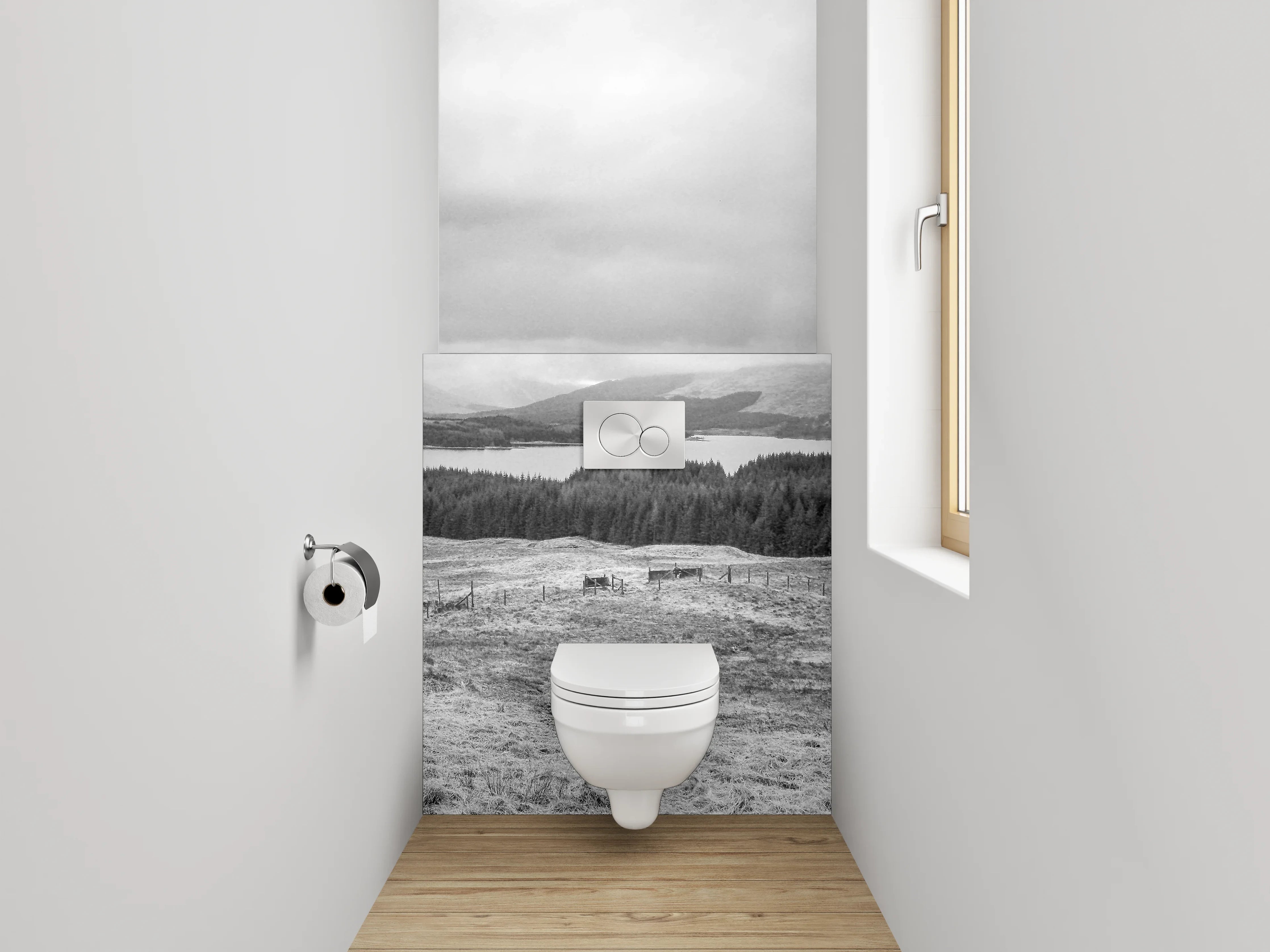 WC-Rückwand - Schwarz-Weiß Panoramalandschaft Berge See
