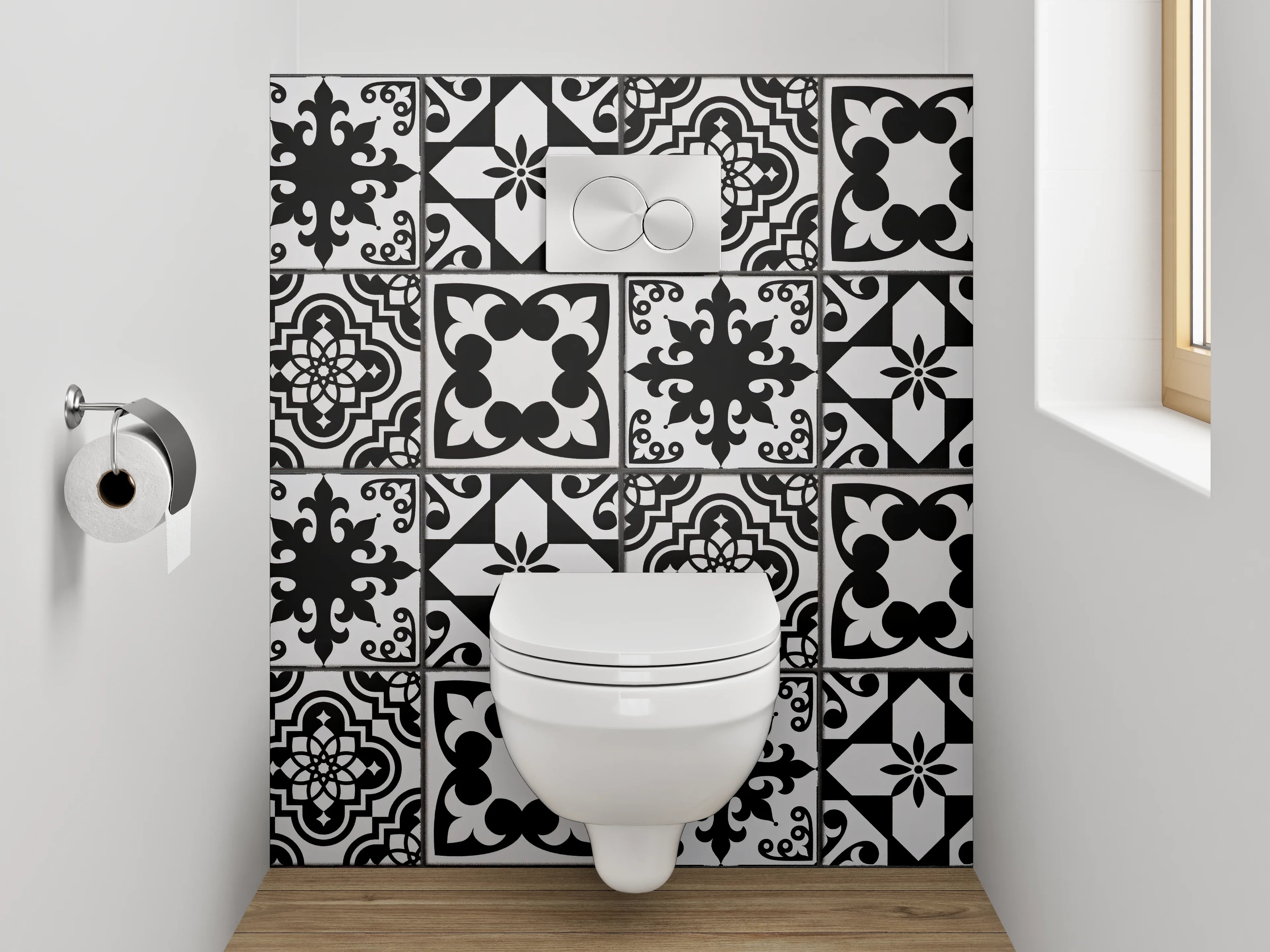 WC-Rückwand - Schwarz-Weiß Retro Musterfliese