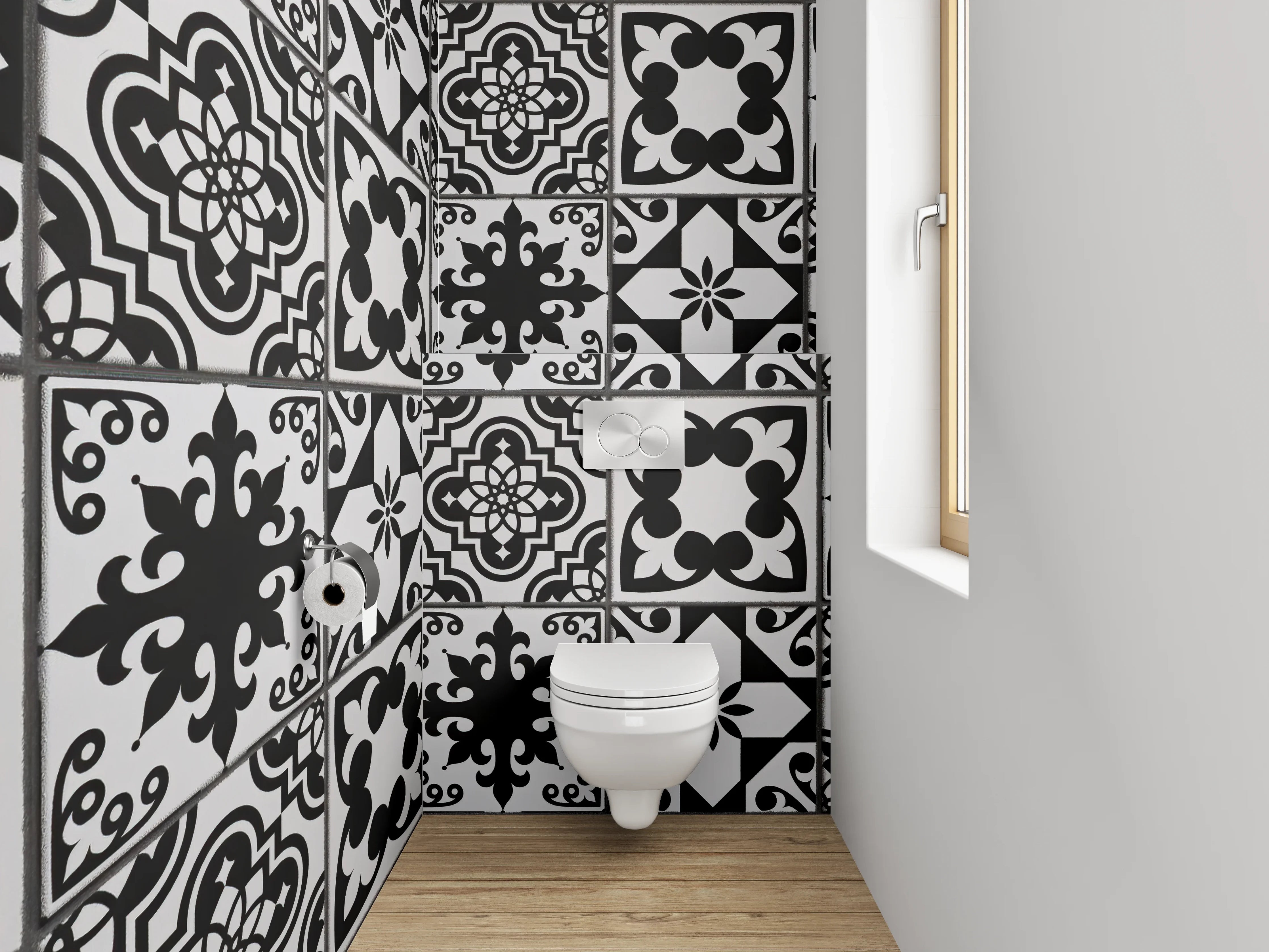 WC-Rückwand - Schwarz-Weiß Retro Musterfliese