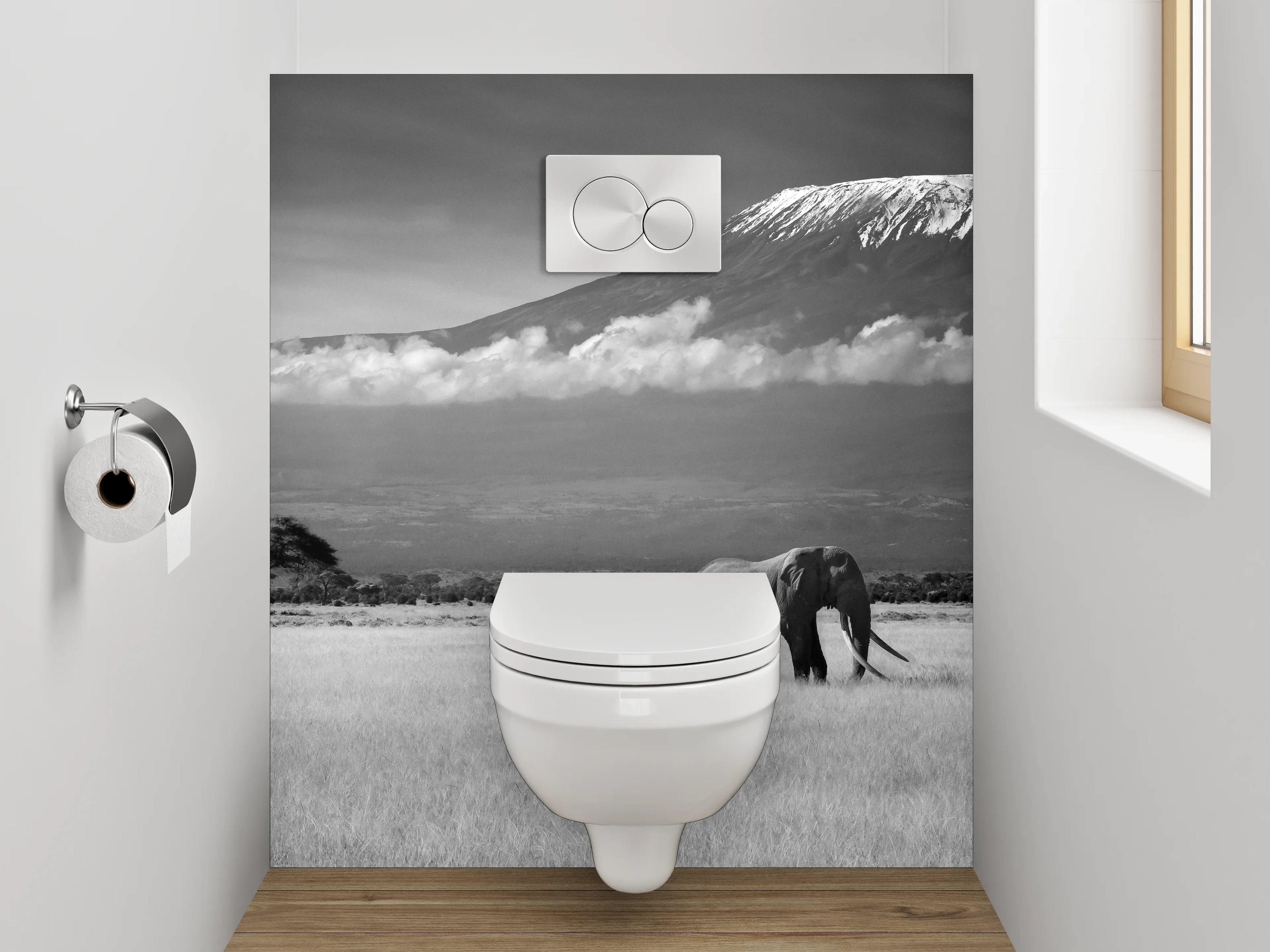 WC-Rückwand - Schwarz-Weiß Safari Elefant Landschaft