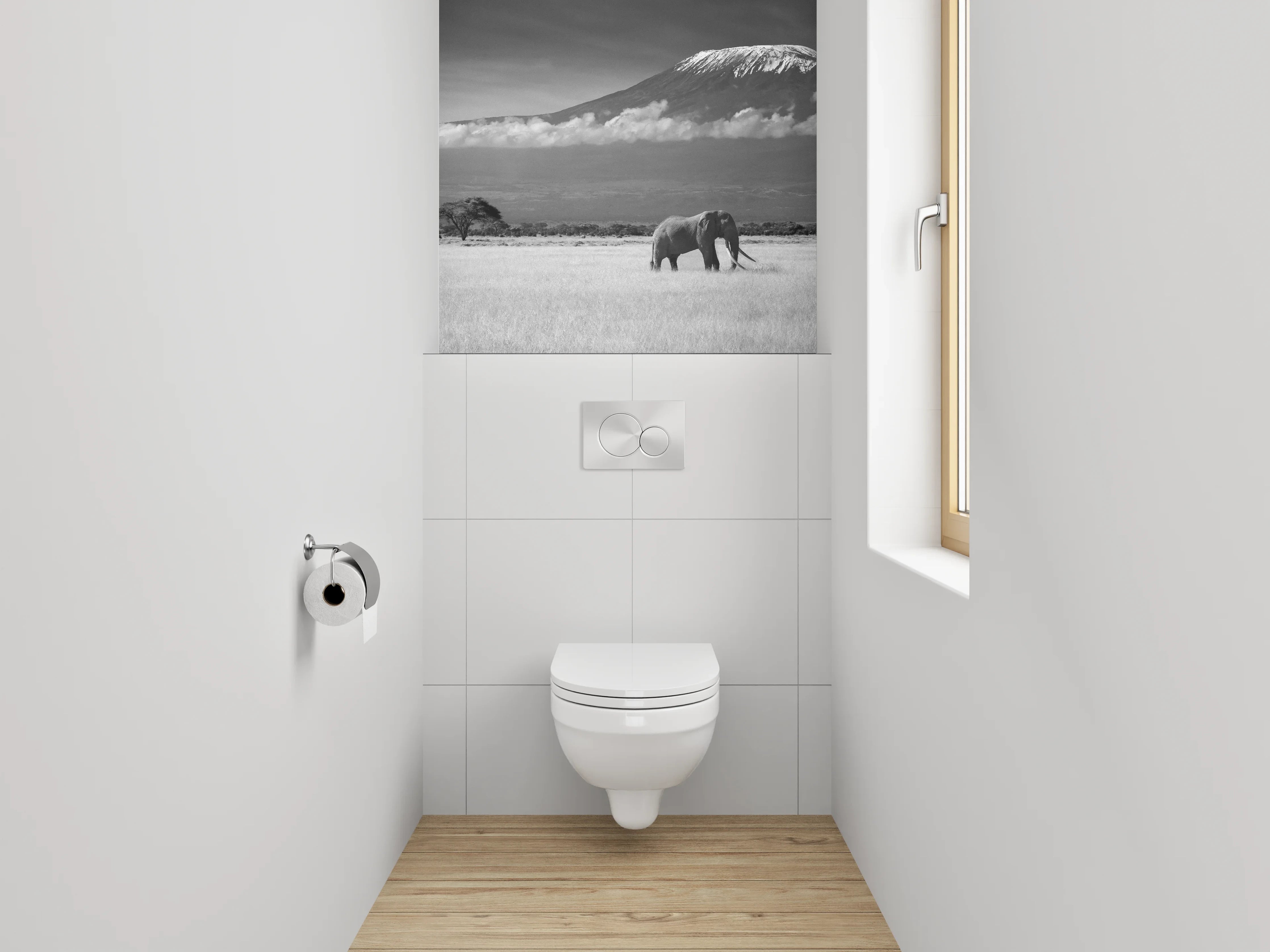 WC-Rückwand - Schwarz-Weiß Safari Elefant Landschaft