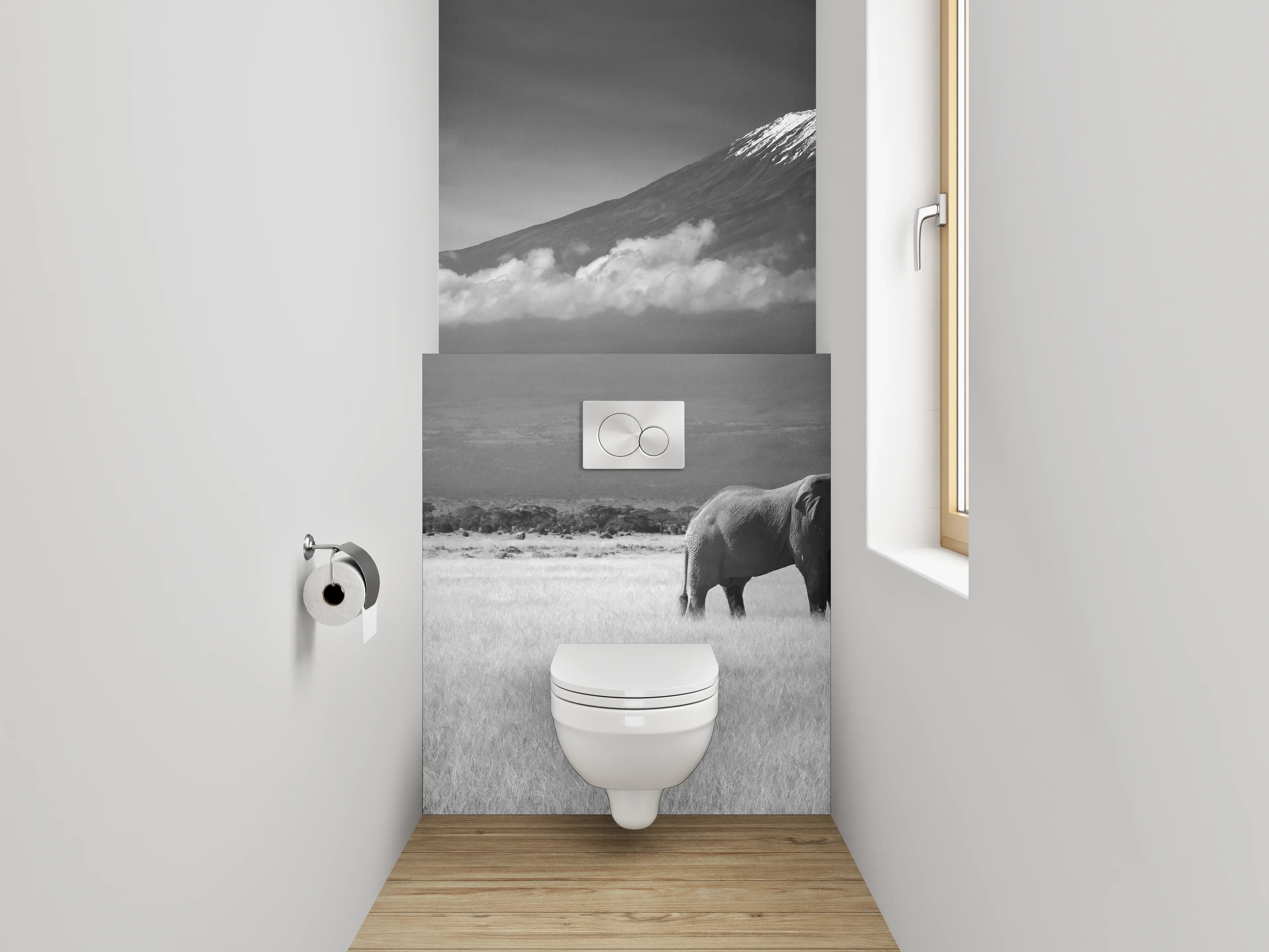 WC-Rückwand - Schwarz-Weiß Safari Elefant Landschaft