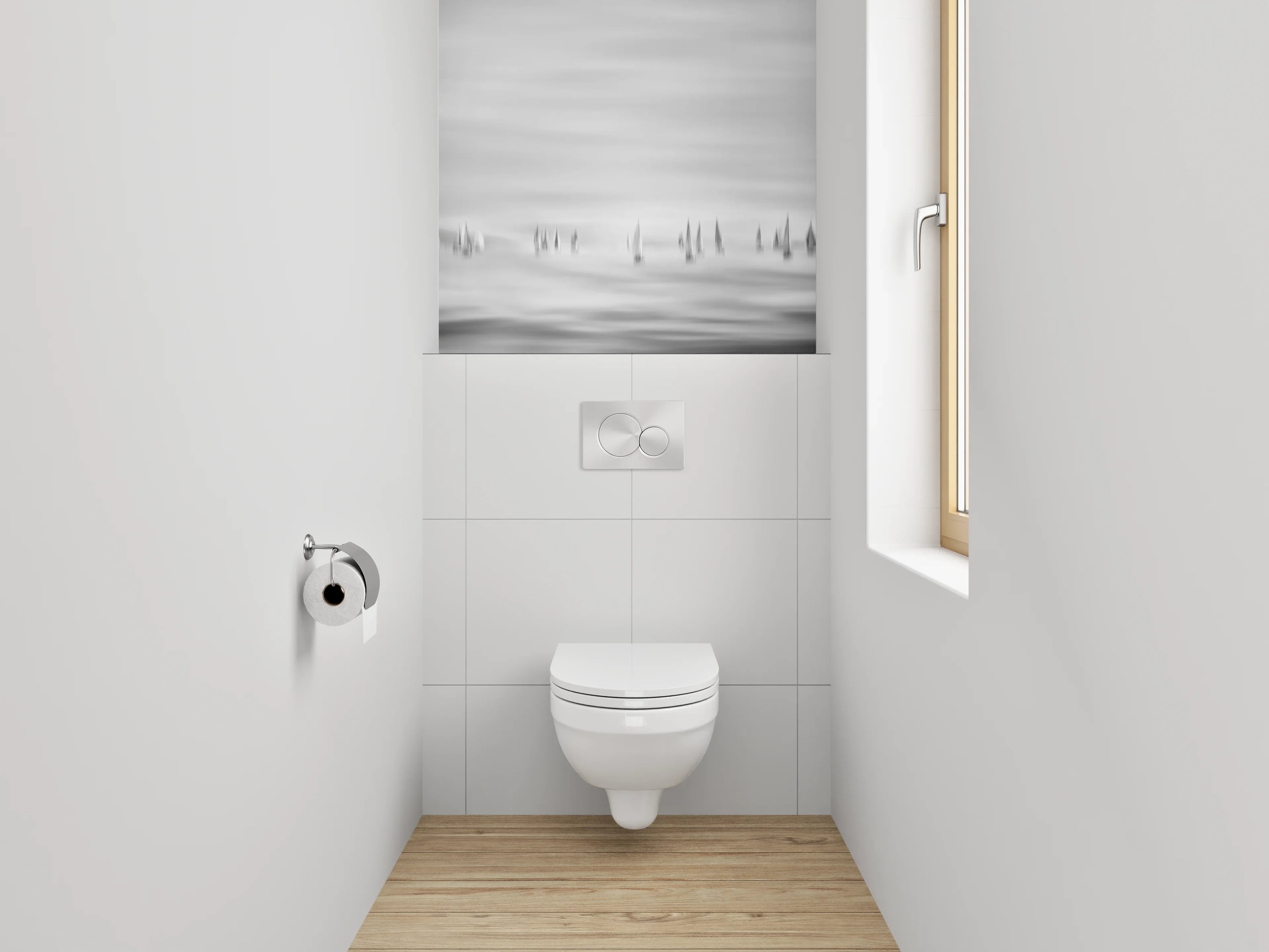 WC-Rückwand - Schwarz-Weiß Segelboote auf ruhigem Meer