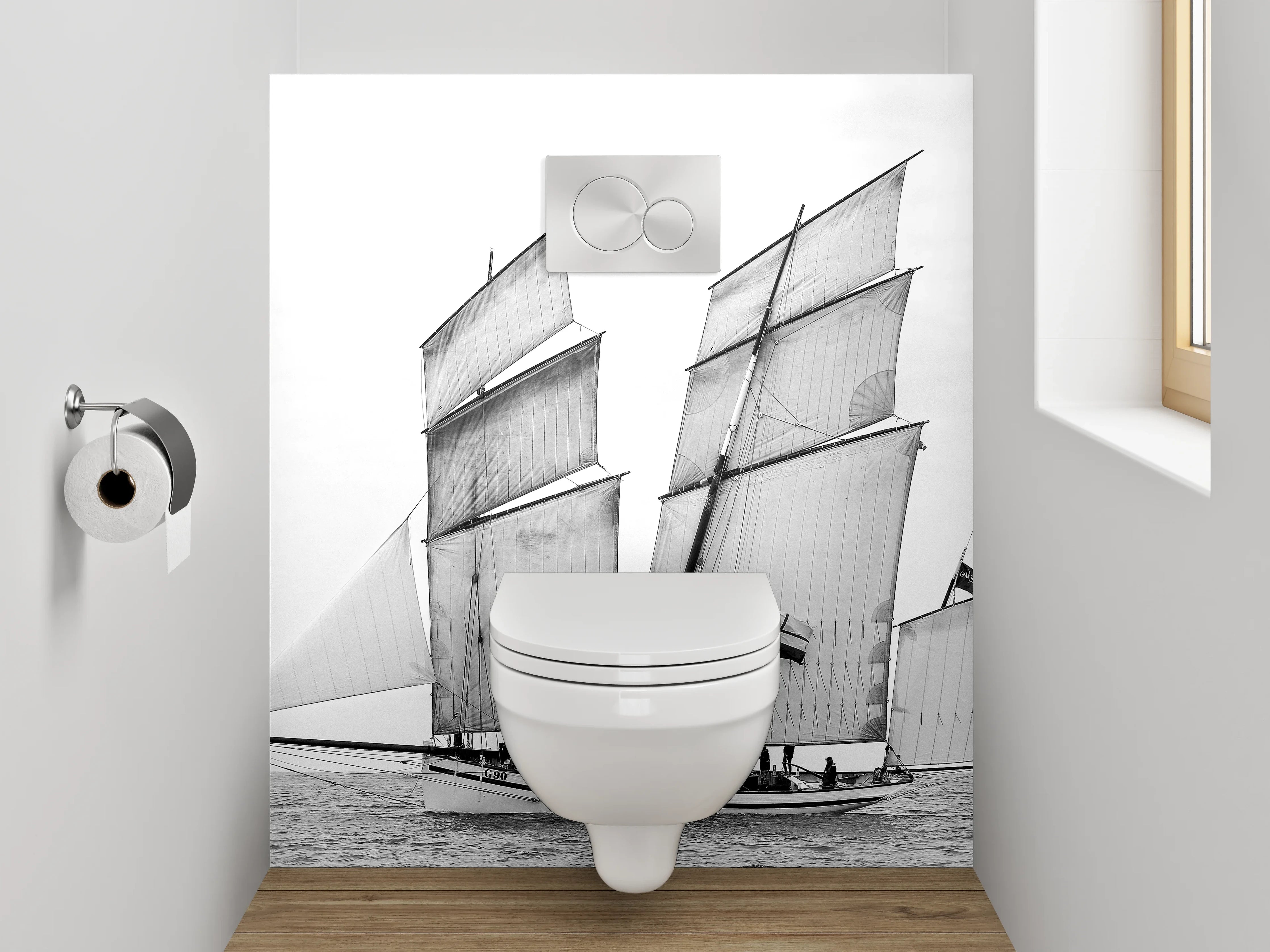 WC-Rückwand - Schwarz-Weiß Segelschiff auf dem Meer