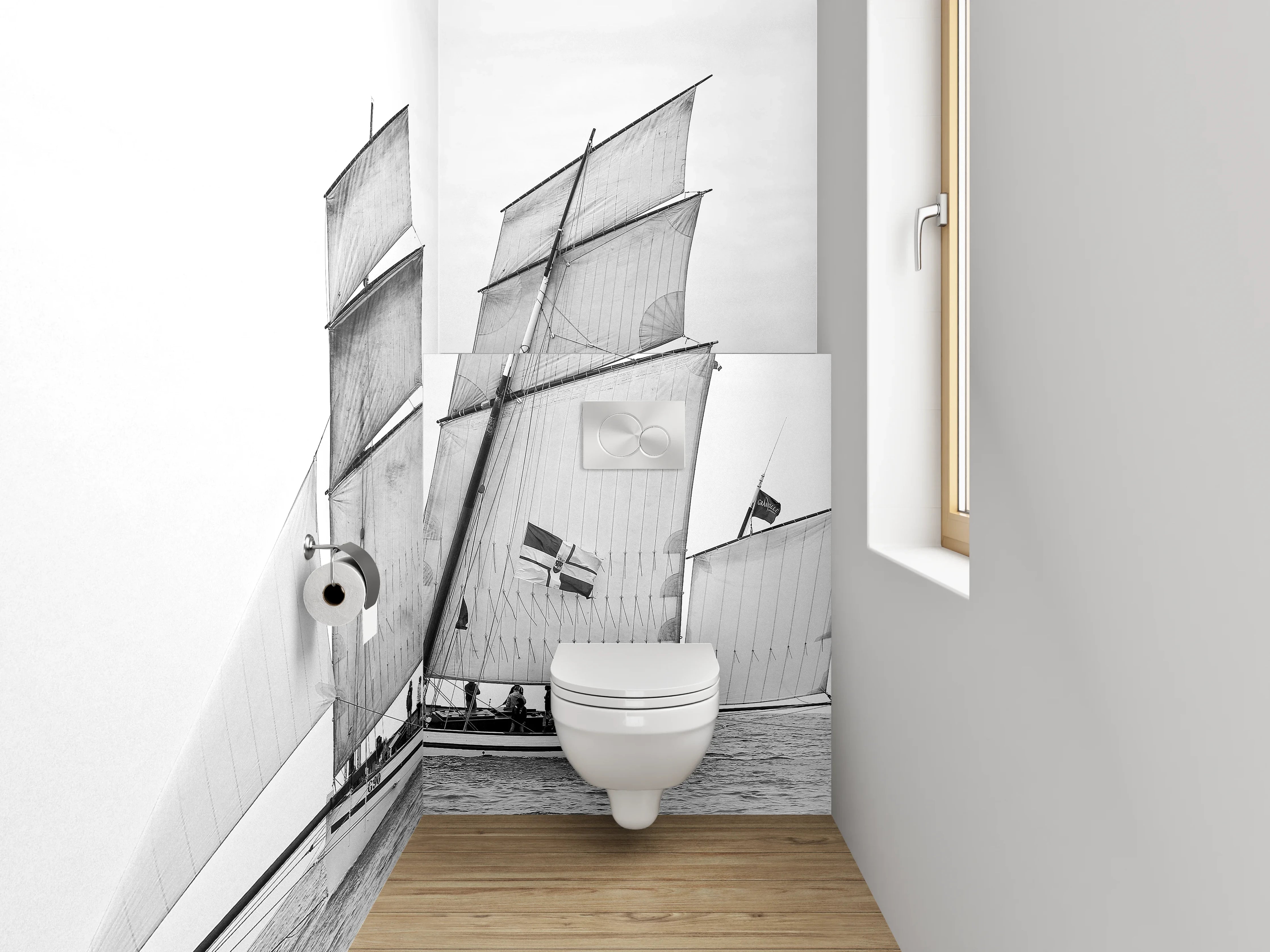 WC-Rückwand - Schwarz-Weiß Segelschiff auf dem Meer