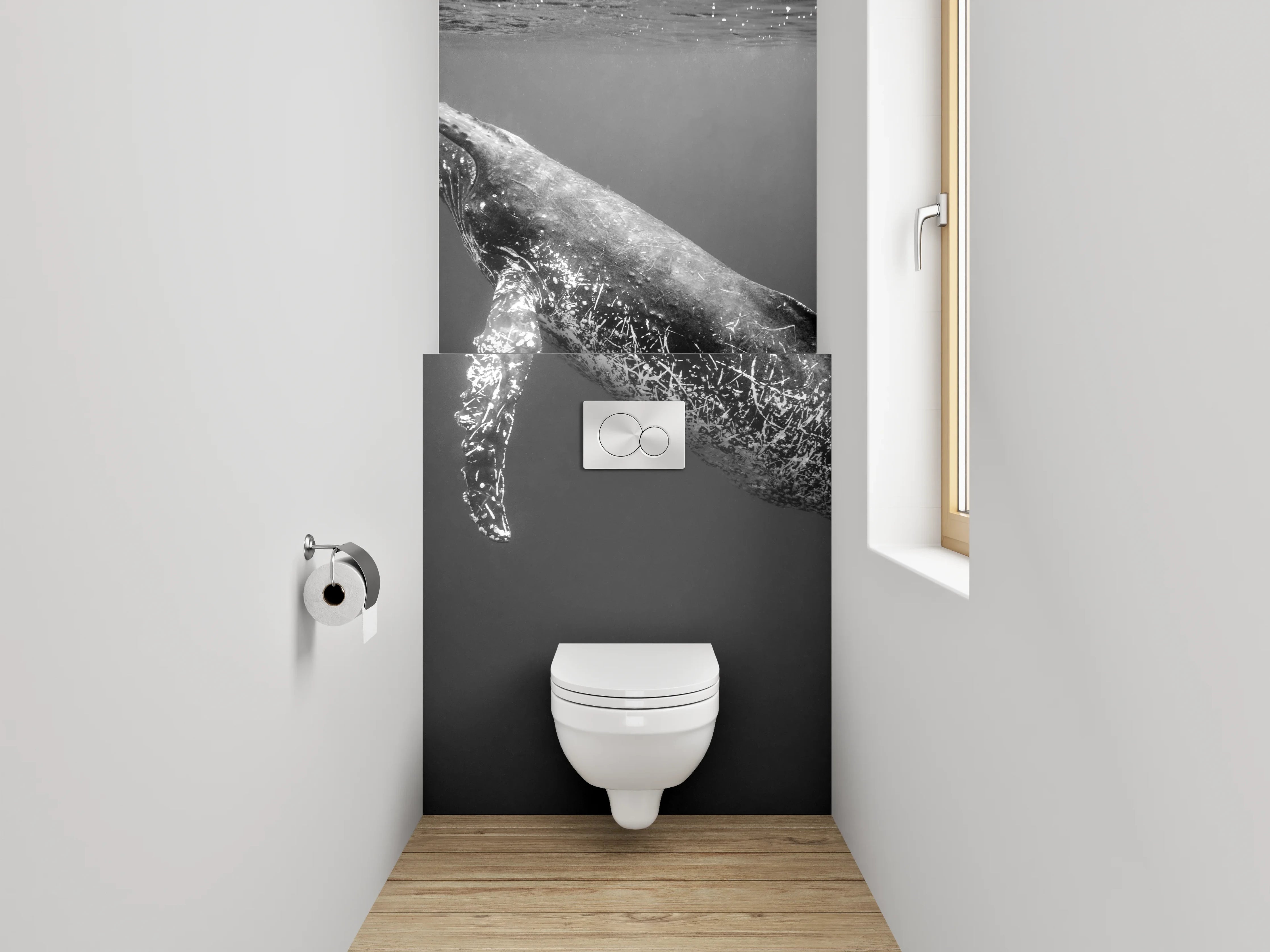 WC-Rückwand - Schwarz-Weiß Wal Unterwasser