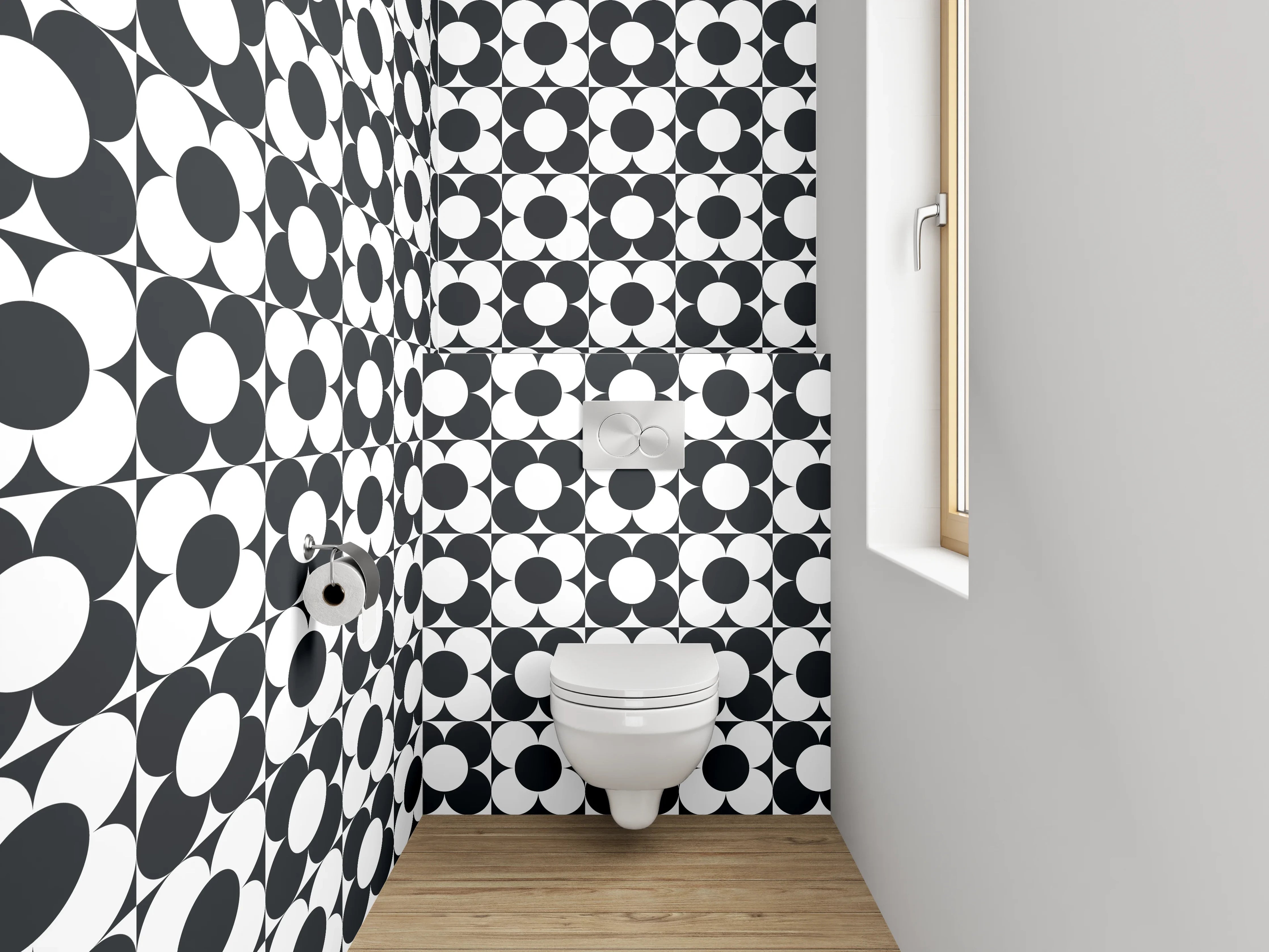 WC-Rückwand - Schwarz-weiß Kreismuster Retro Flair