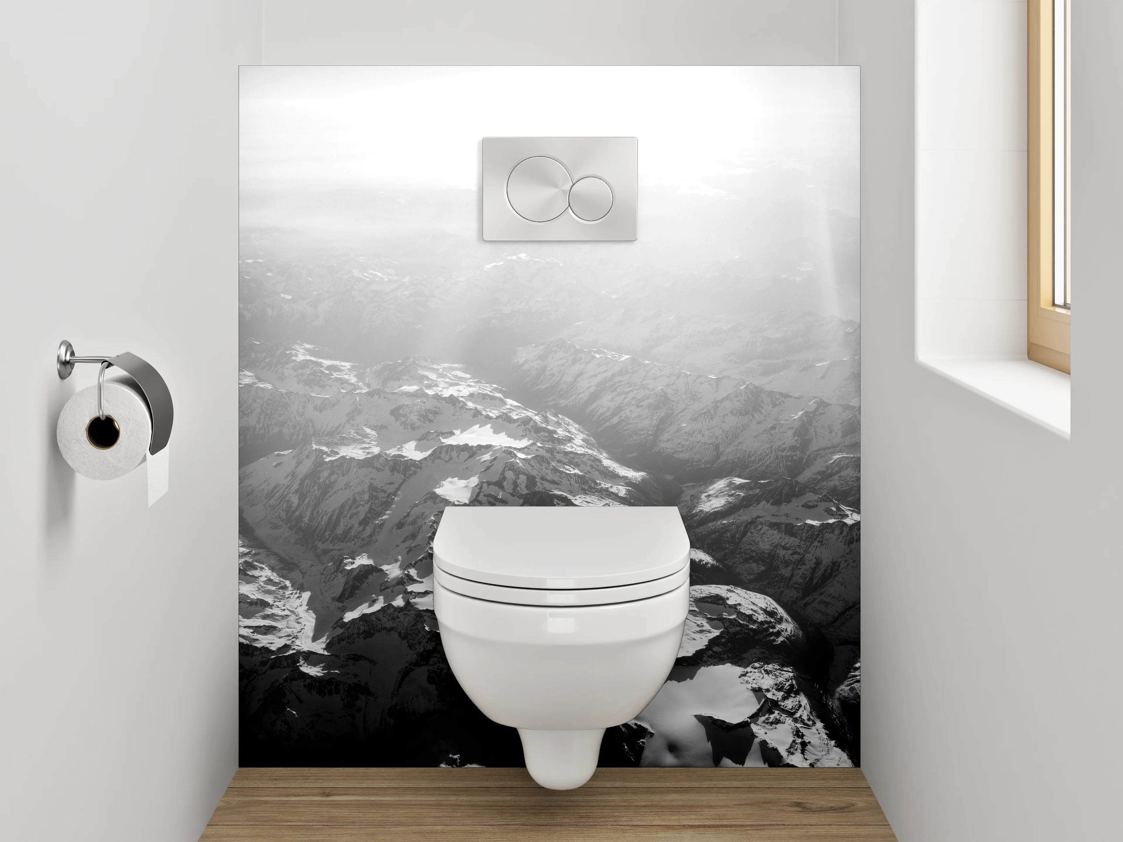 WC-Rückwand - Schwarz-weiße Alpen-Landschaft aus der Luft