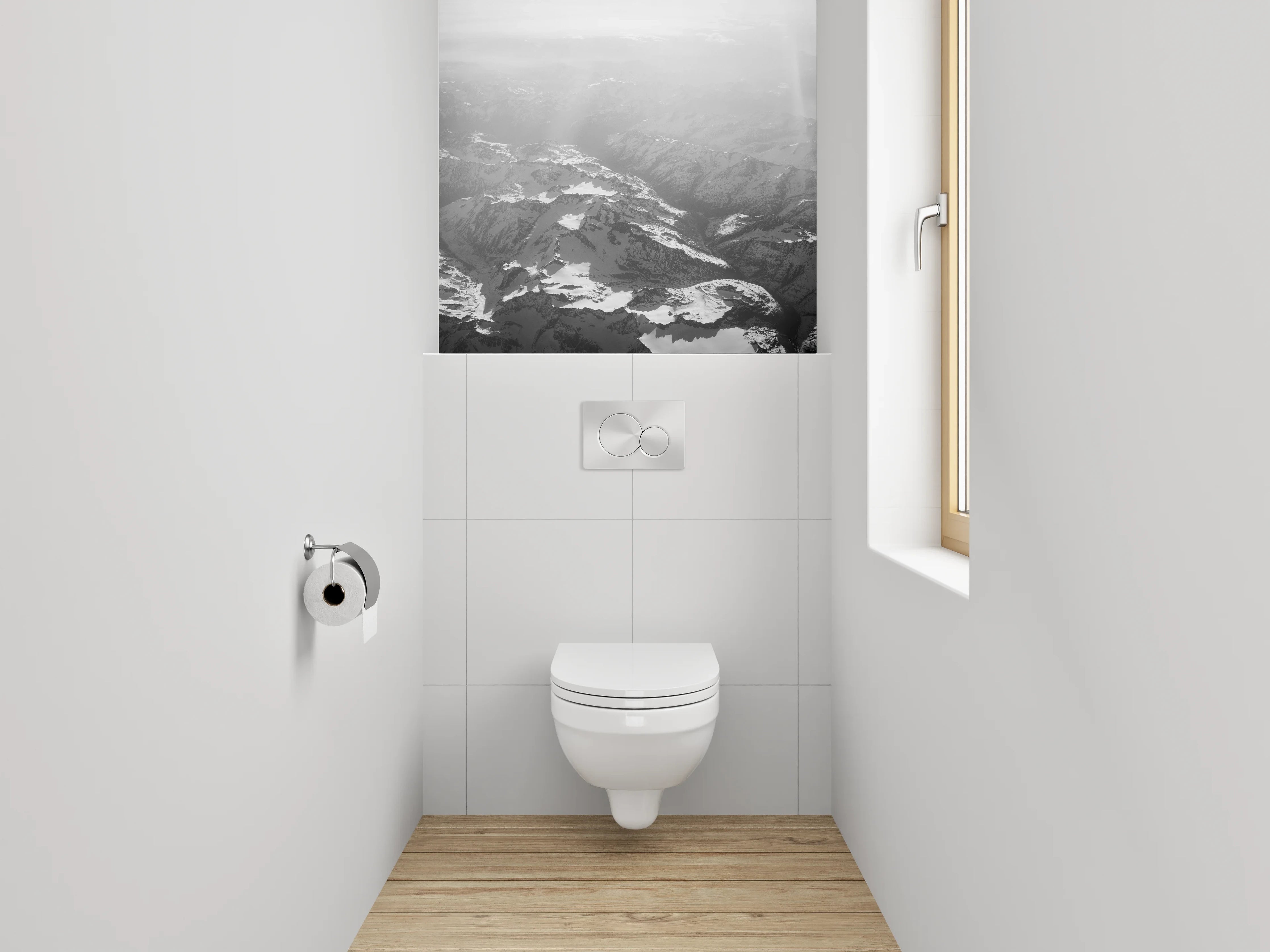 WC-Rückwand - Schwarz-weiße Alpen-Landschaft aus der Luft