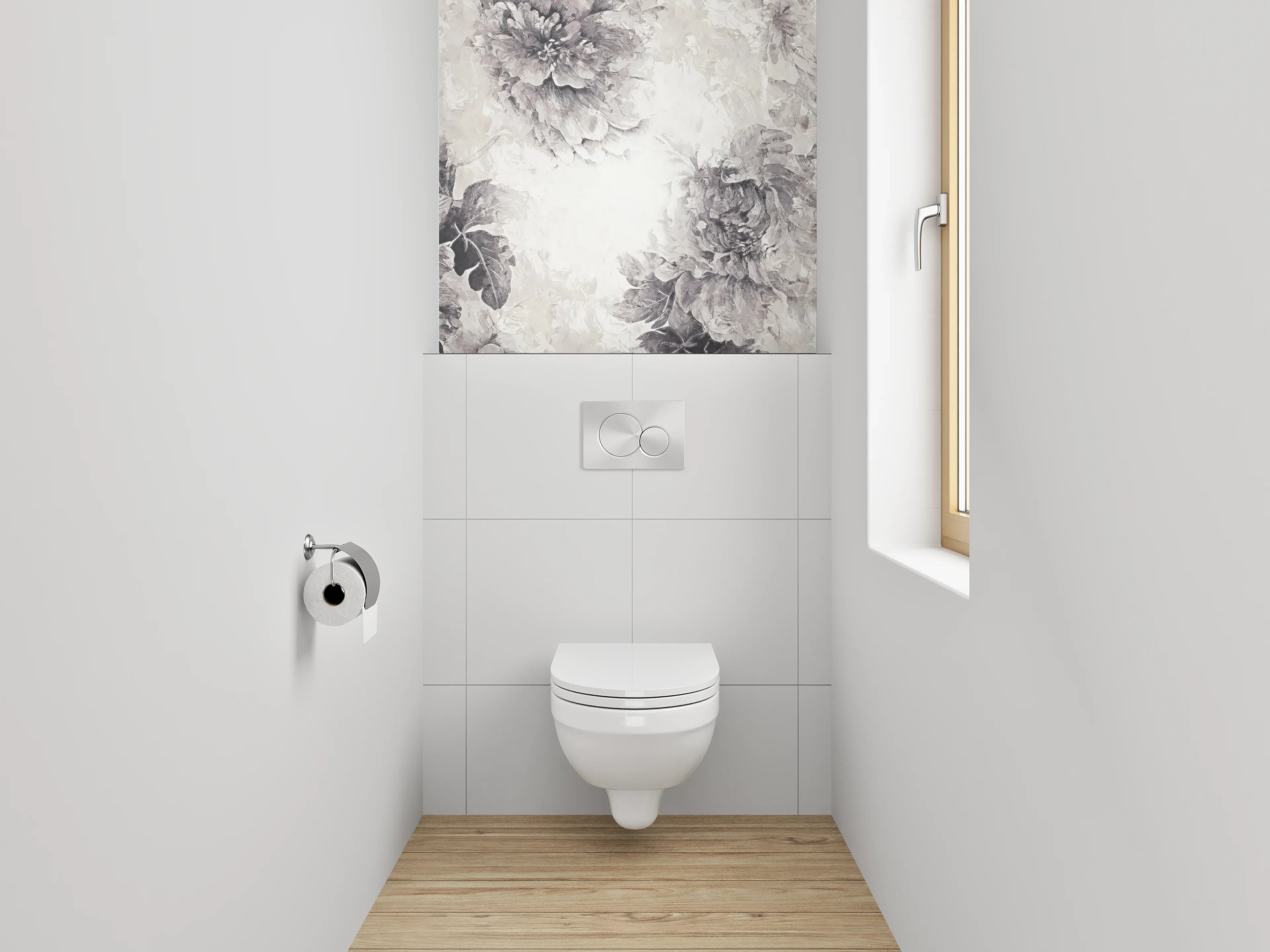 WC-Rückwand - Schwarz-weiße Aquarell-Blumen auf Weiß
