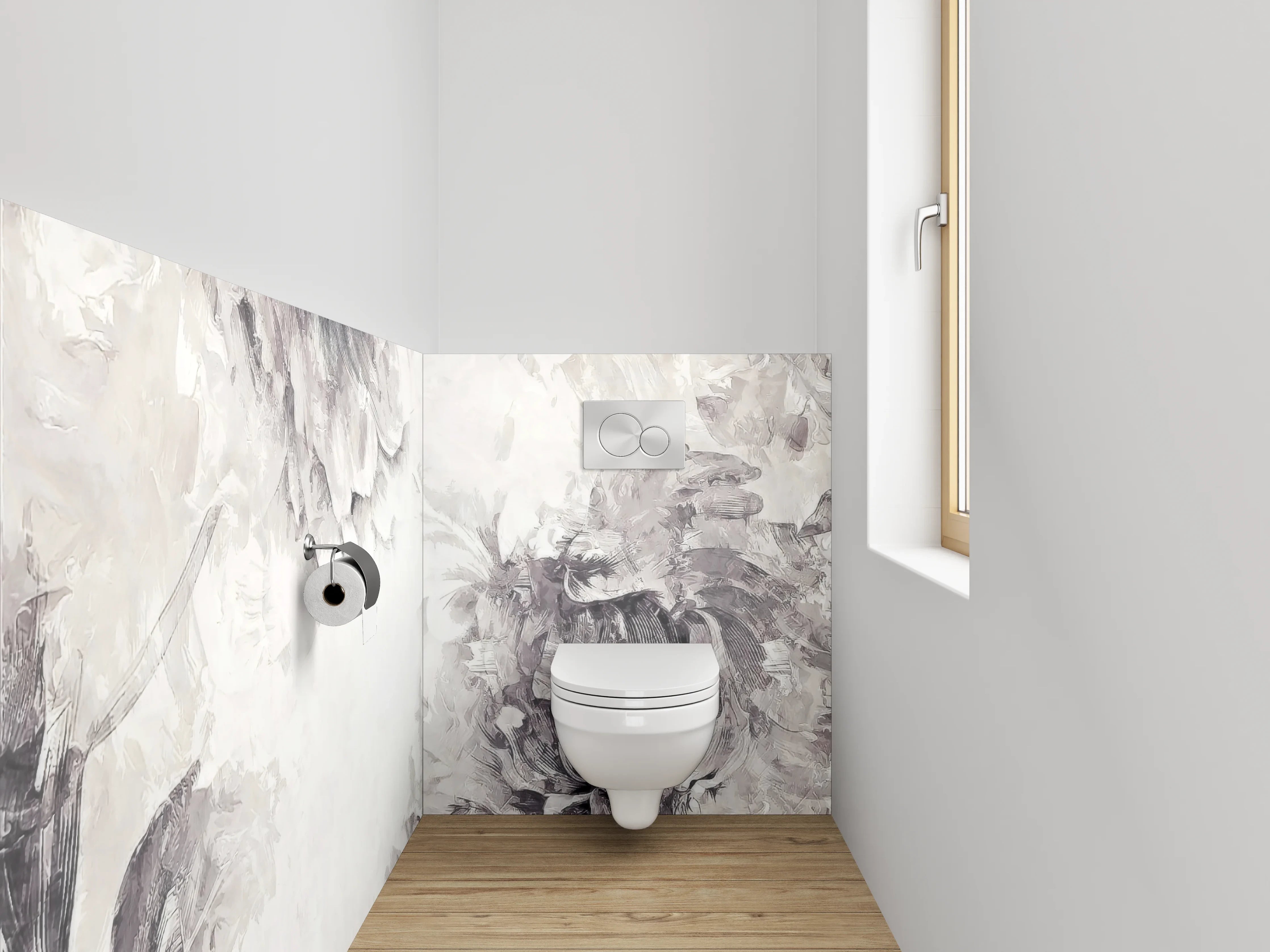 WC-Rückwand - Schwarz-weiße Aquarell-Blumen auf Weiß
